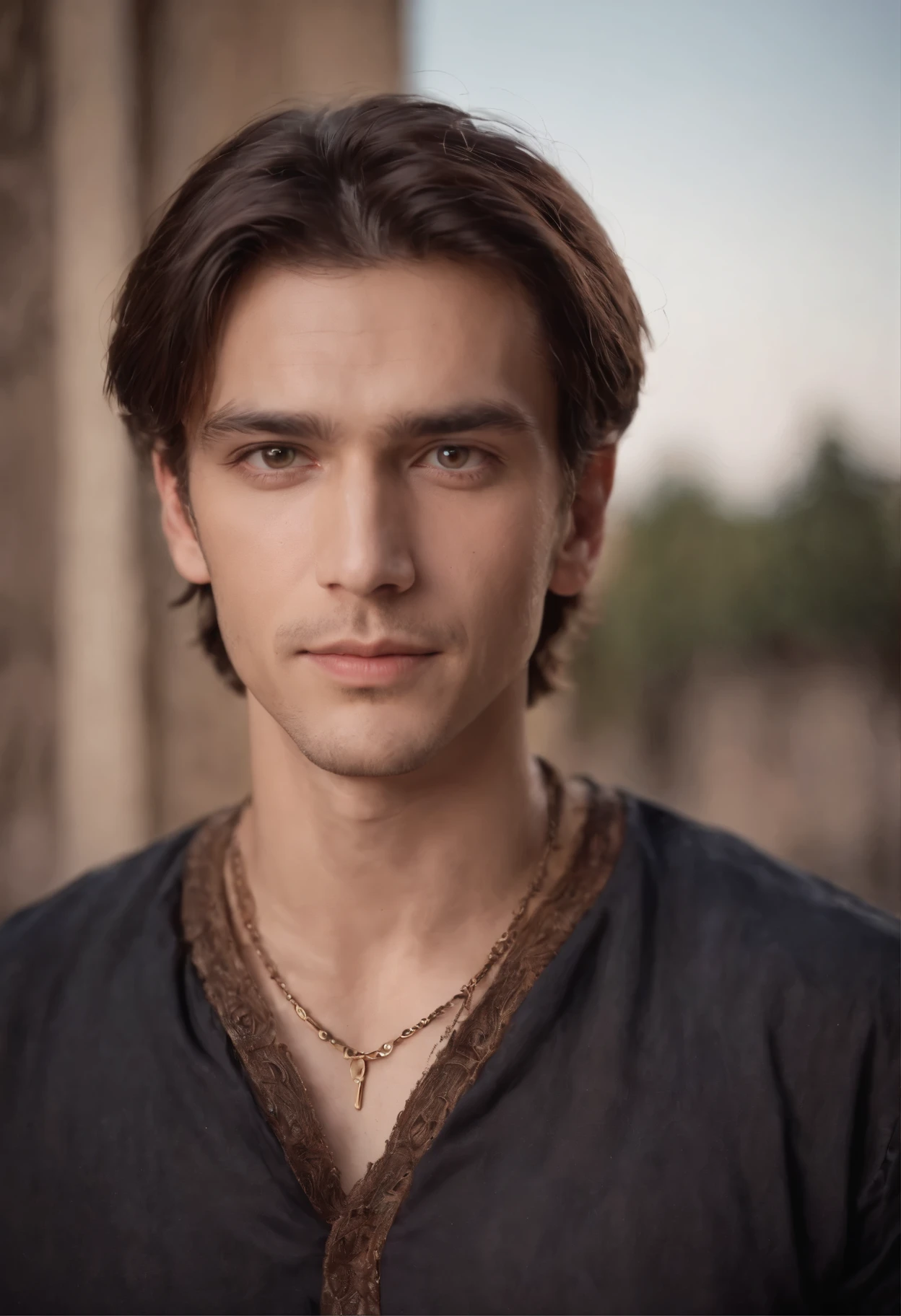 male handsome, wearing casual sorcery clothes, medallion necklace, brown hair and amber brown eyes, soft smile, ambient lighting, portrait