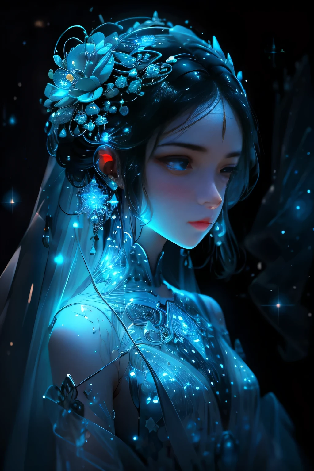 Picture a glass woman, her delicate form sculpted like a work of art, crying amidst the starry sky. The bluish light of the night envelops her, casting a melancholic glow over her ethereal figure. Her glass body shimmers in bright blue tones, each line and curve etched with intricate detail. The glass in her eyes reflect the twinkling stars, mirroring the endless depth and emotion of the universe. Her sorrow is palpable, yet the beauty of her form remains untarnished, a testament to the transcendent power of emotion. This 4K glass woman is an exquisite tableau of light, color, and feeling, a ha
