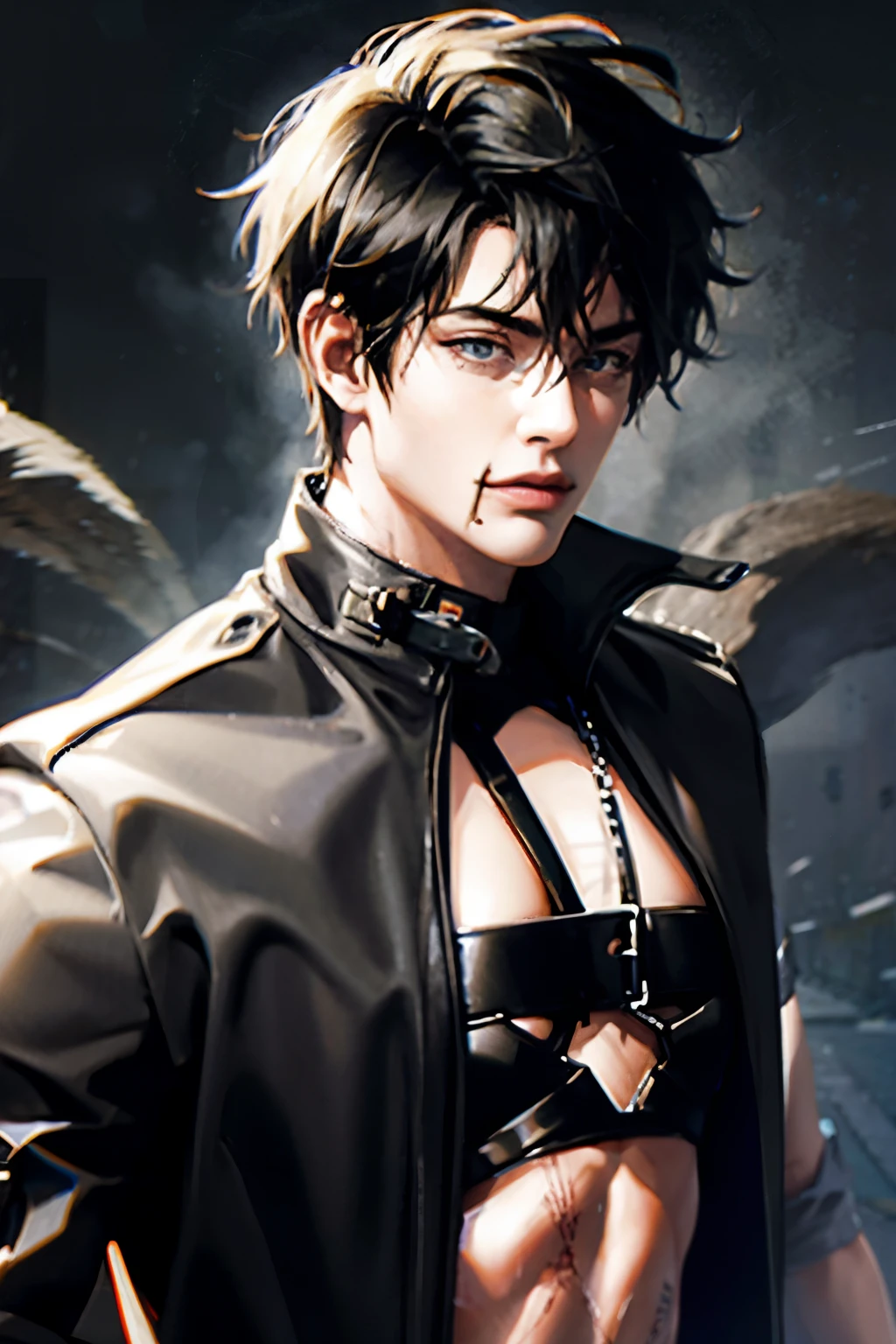 anime sexy man, black short hair, leather jacket, fishnet shirt, shoulder harness