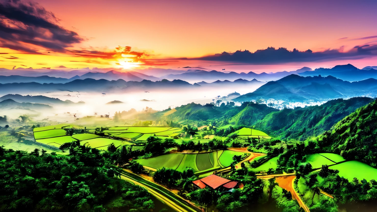 An anime-style panoramic drone shot captures the serene beauty of Chiang Rai's lush green mountains, enveloped in a gentle sea of mist at dawn.
Strawberry fields add vibrant patches of red to the landscape, contrasting with the verdant hues.
Above, the sky is a clear, brilliant blue, with the rising sun casting a soft, golden light that illuminates the scene with a dreamy glow.