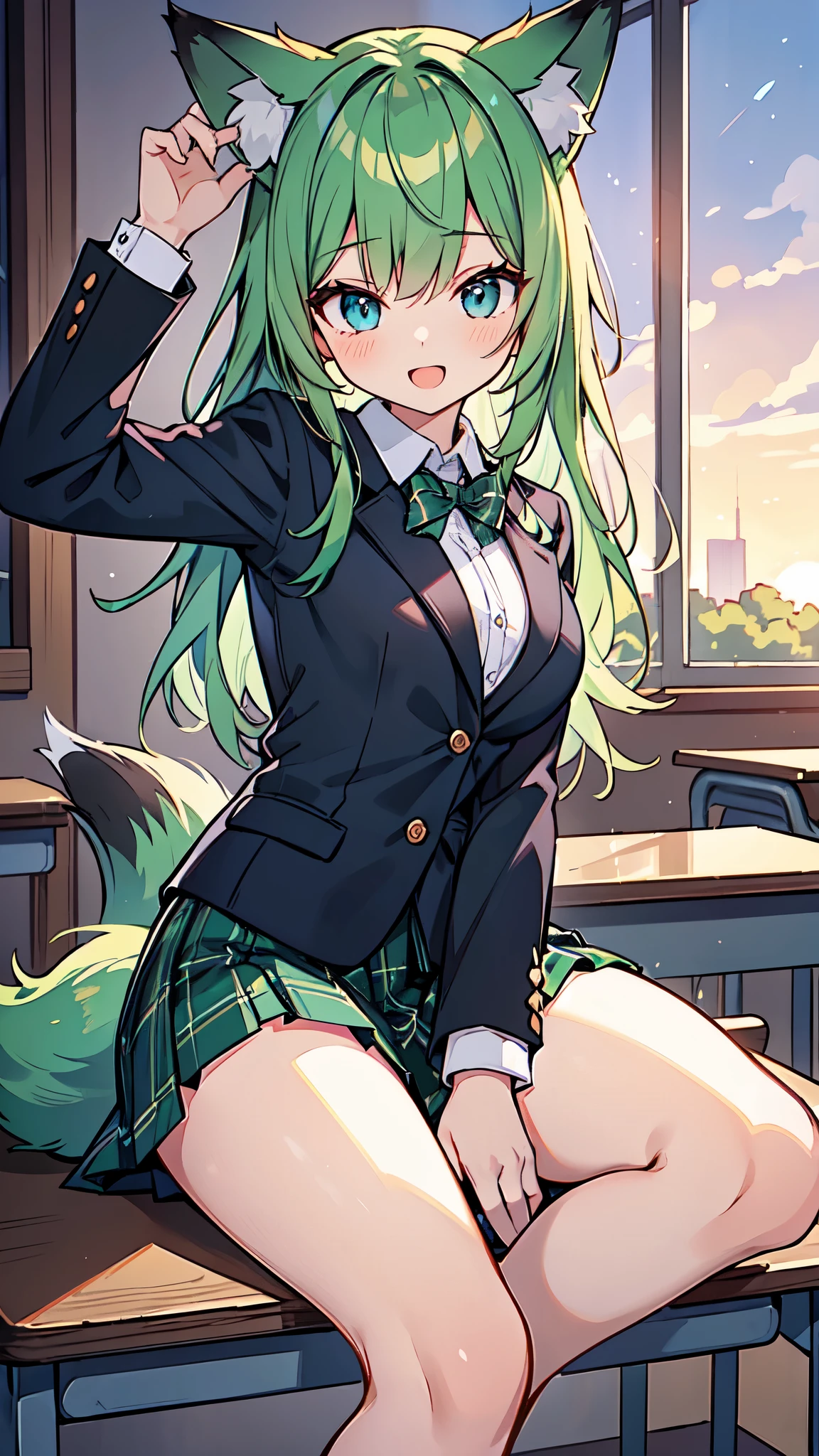((A Pretty High school girl with green hair and blue eyes)), ((wearing black blazer and plaid skirt)), ((fox ears and fox tail)), Baby face, ((master piece, top-quality, ultra-definition, high resolution)), anime girl, ((ultra-detailed illust:1.2)), only one person, bangs, hair between eye, beautiful hair, Shiny eyes, Medium breasts, Big smile, opened mouth, in the classroom, at dusk, sunset