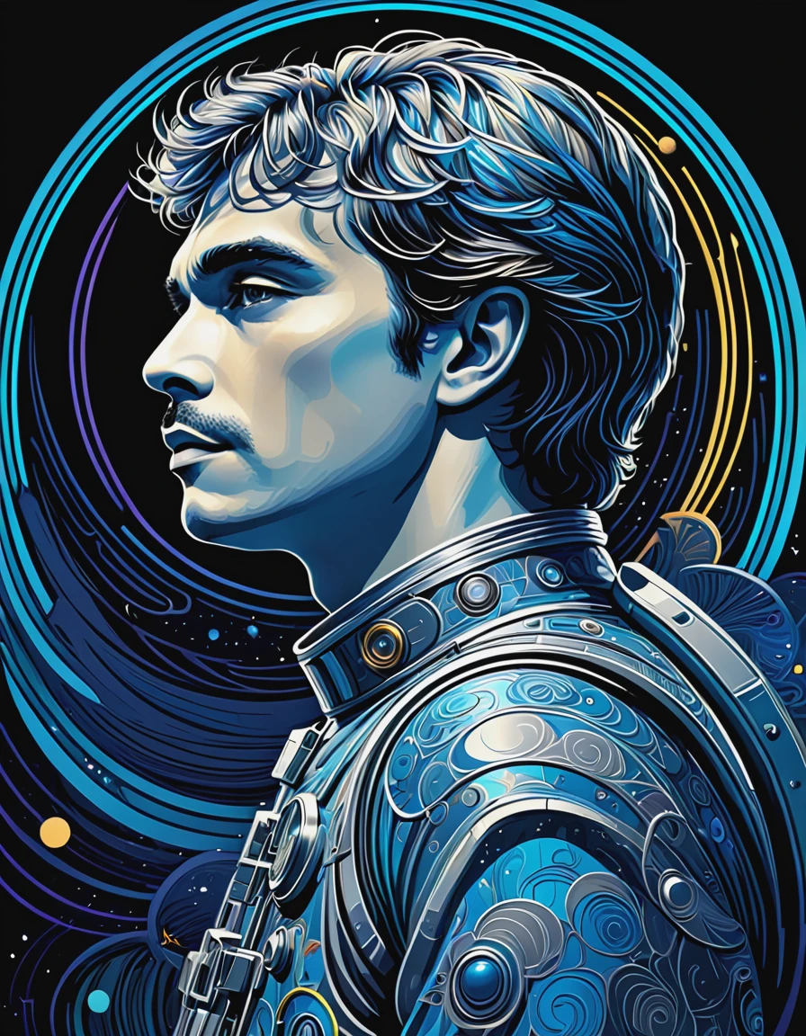 A man in space with lots of blues and grays, in the style of neon art nouveau, Multilayered graphic design compositions by Pablo Lobato and Mike Peters, unusual layout by Stefan Sagmeister