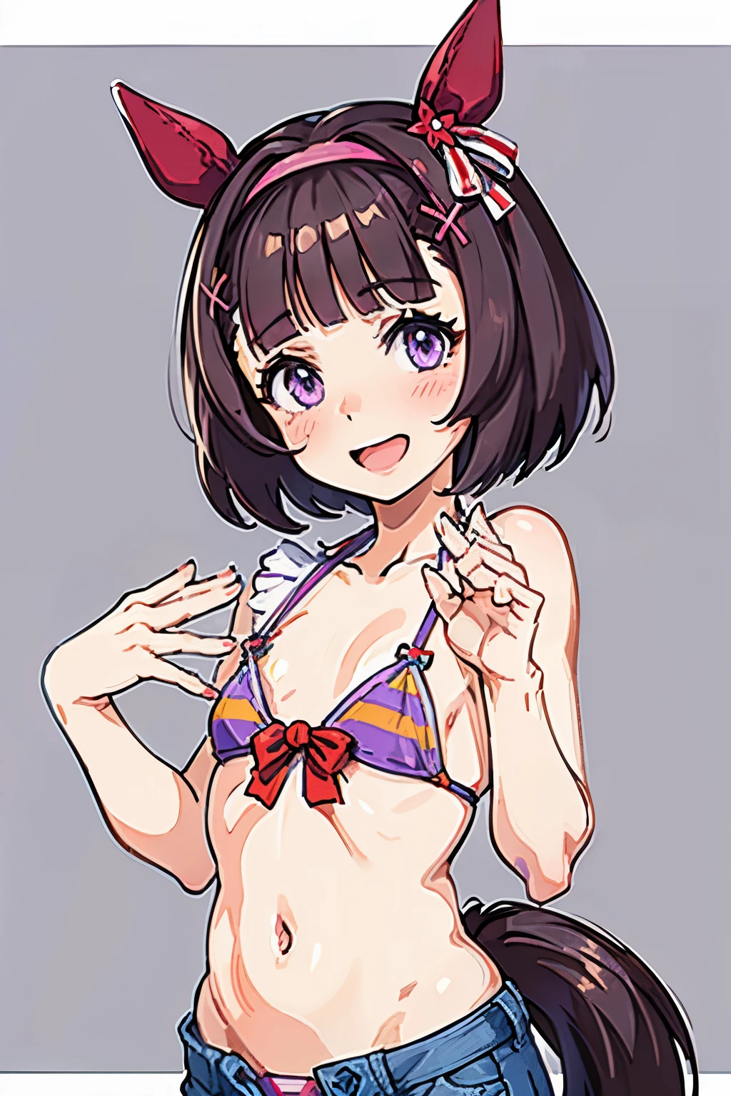 NSFW, , Pulling up a dress,bare chest,nipple,round genitals,revealing clothes,Uma Musume,Nishino flower,marl,short hair,red headband,beautiful purple eyes,purple and yellow dress,ribbon,,,Curvaceous,flower garden,smile with open mouth,blush,embarrassed face,best image quality,table top,)),(masterpiece),figure,brown hair,long hair,purple eyes,flowing bangs,long bangs,long hair,small breasts,hair covers right eye, smile,looking at the viewer,((highly detailed eyes)), (((bikini))), masterpiece, highest quality, (abnormal body, small breasts, horse tail,smile, pool, whole body, frontage,hot pants denim,(nipple)
