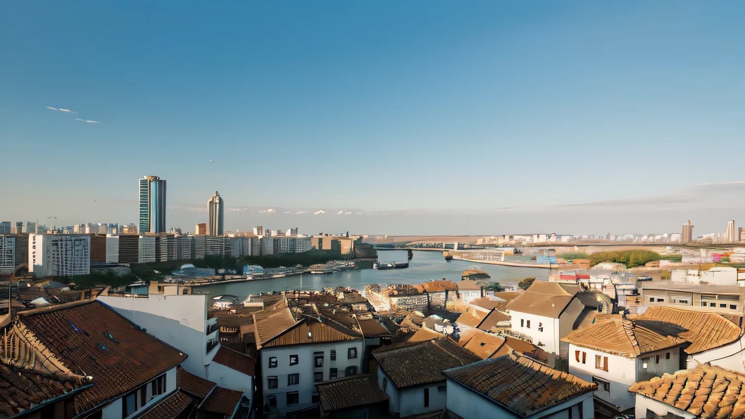 The surrounding cityscape was bathed in bright sunlight., clear sky, It showcases the perfect blend of tradition and modernity..