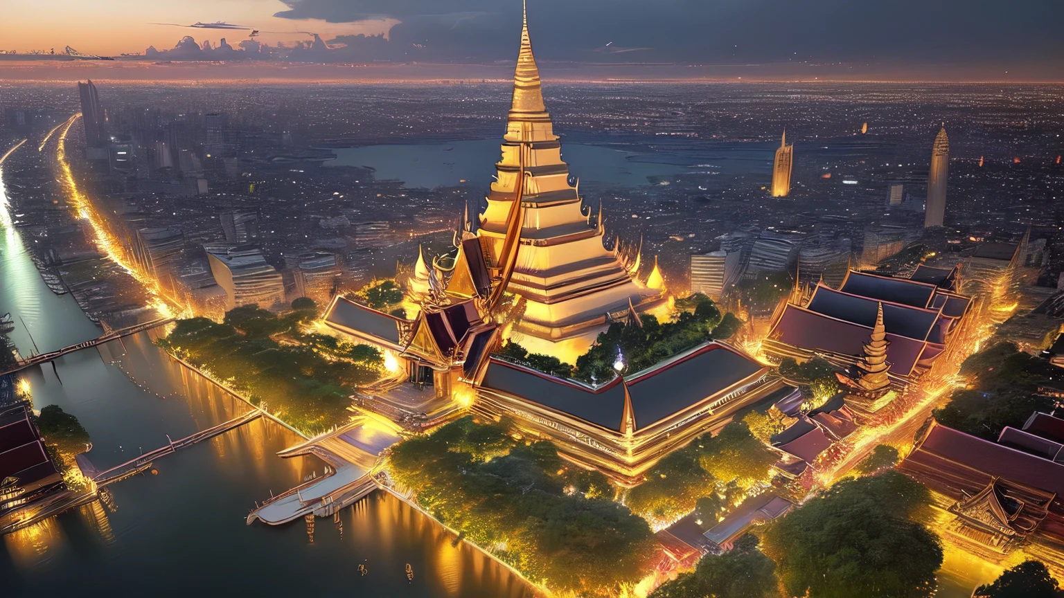 An anime-style aerial view of Bangkok, with a focus on the glittering Wat Arun temple at the heart of the city.
The intricate details of the temple's architecture are highlighted in gold, standing majestically along the riverbank.
The surrounding cityscape basks in the bright, clear sky, showcasing a harmonious blend of tradition and modernity. night view