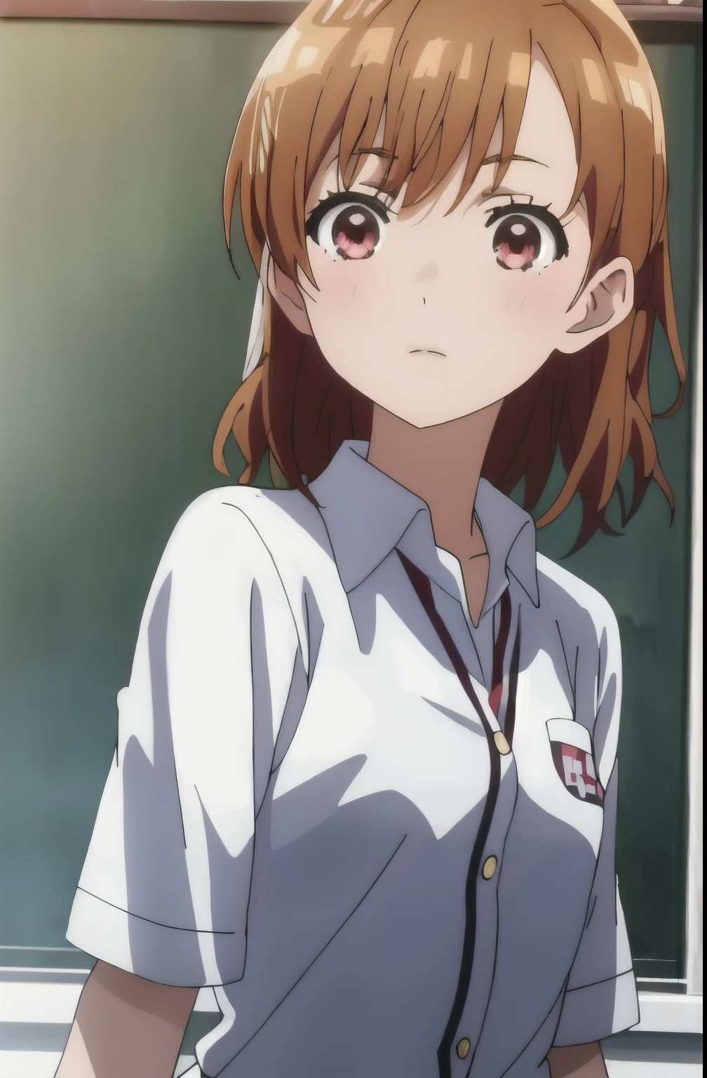 Chica de anime en uniforme de pie frente a una pizarra, anime visual de una linda chica, railgun, primer plano de otro iwakura, kyoto animation still, hermosa chica de secundaria anime, visual anime de una mujer joven, chica anime llamada lucy, Best Anime Girl, chica anime atractiva, personaje de anime femenino, arte cg anime suave, kyoani