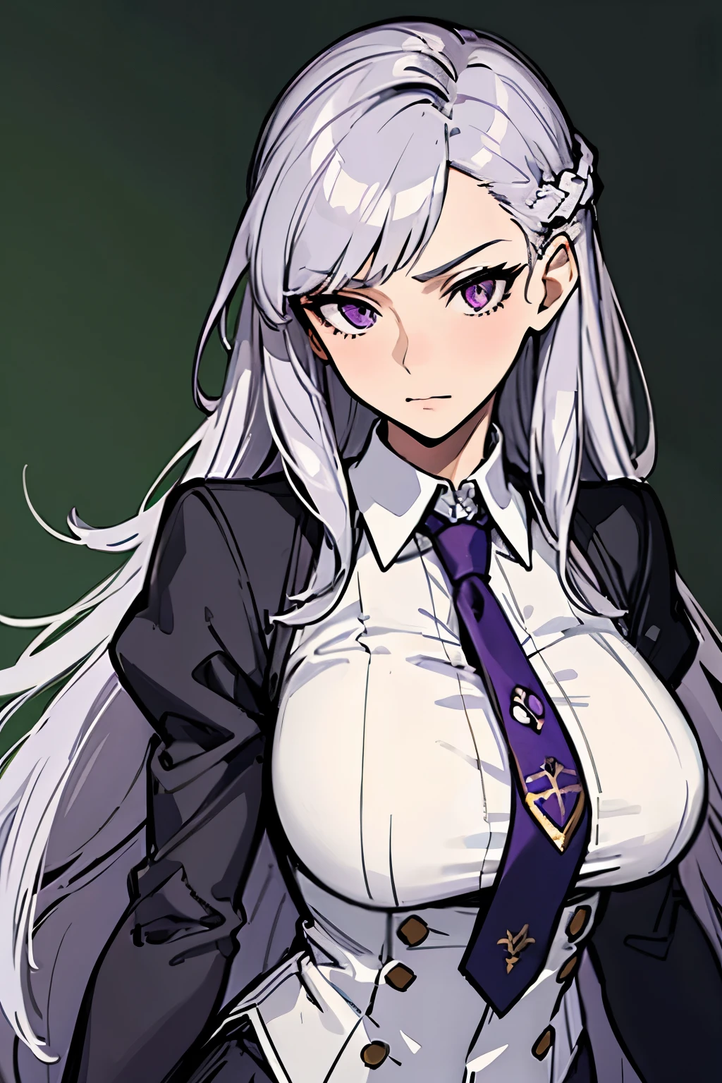 ((Masterpiece)), (highest quality))), 1 girl, mature woman, stern, strict, teacher's clothing, looking away, side eye, silver hair, long hair, purple eyes, teacher, beautiful, magnificent, strong woman, classroom