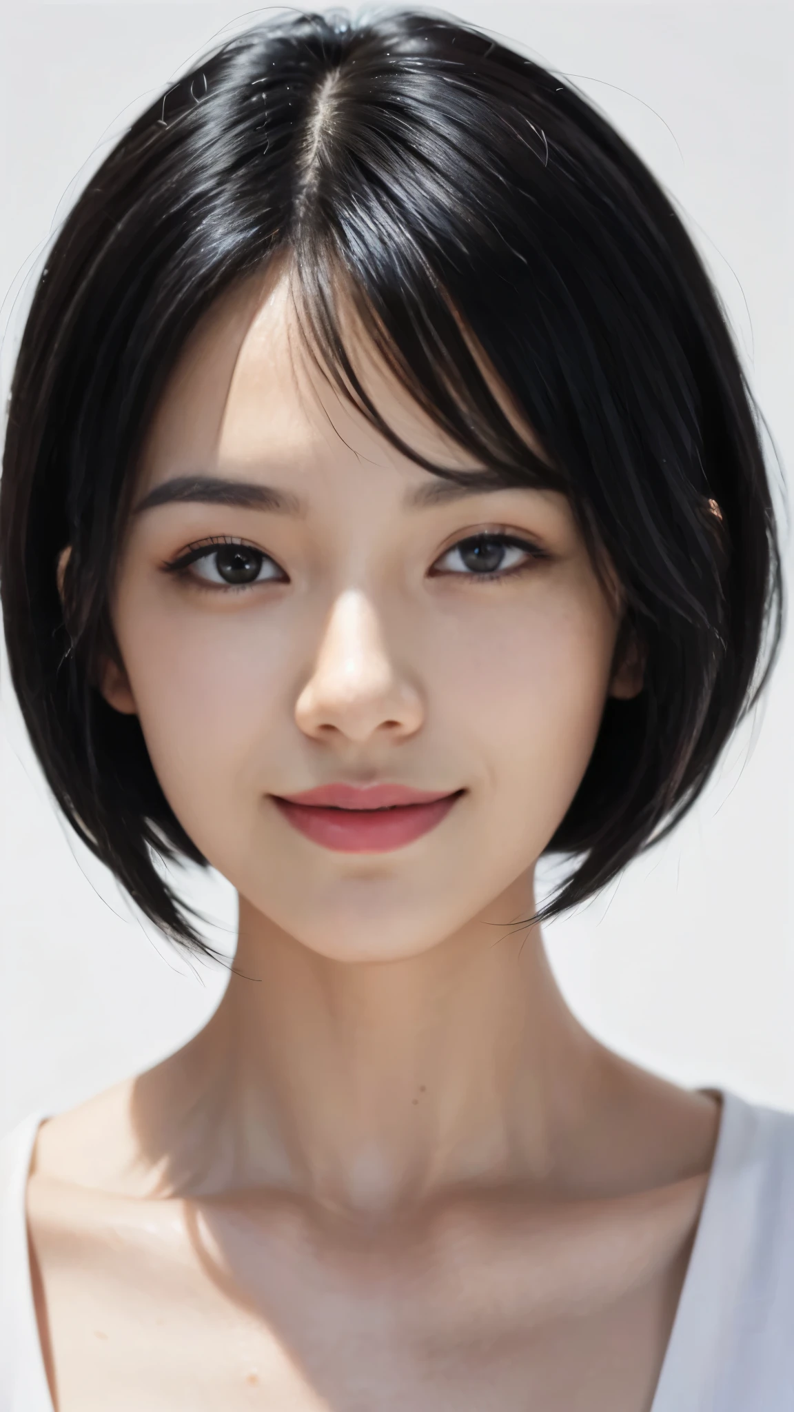 (ultra high resolution)(masterpiece)(rough skin)(very detailed)(high quality)(最high quality)(first person perspective)16k ,black hair,white background bob hair woman,smile,frontal face extreme close up