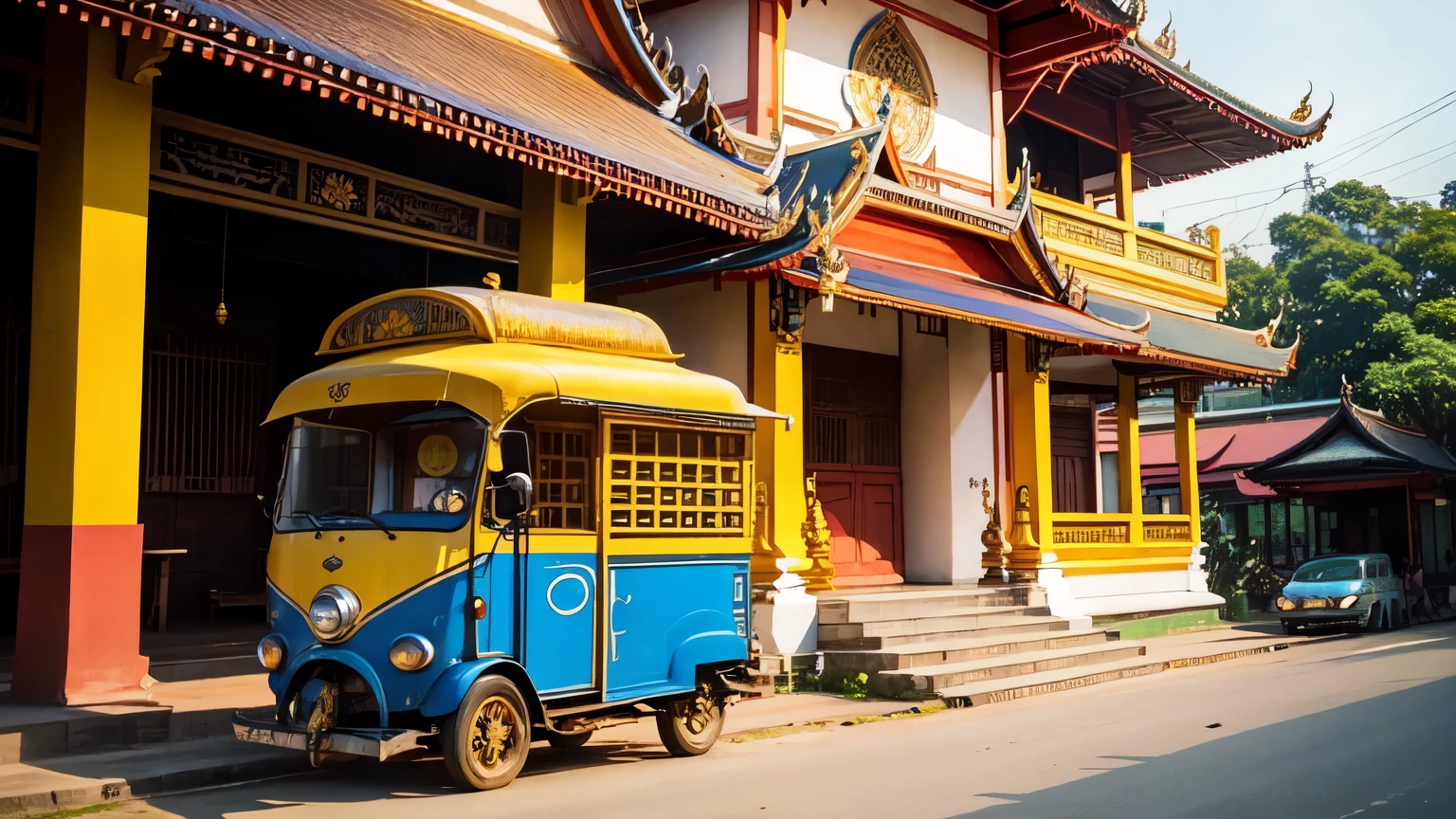 Thai temple in bangkok.
Thai tuk-tuk blue and yellow color.