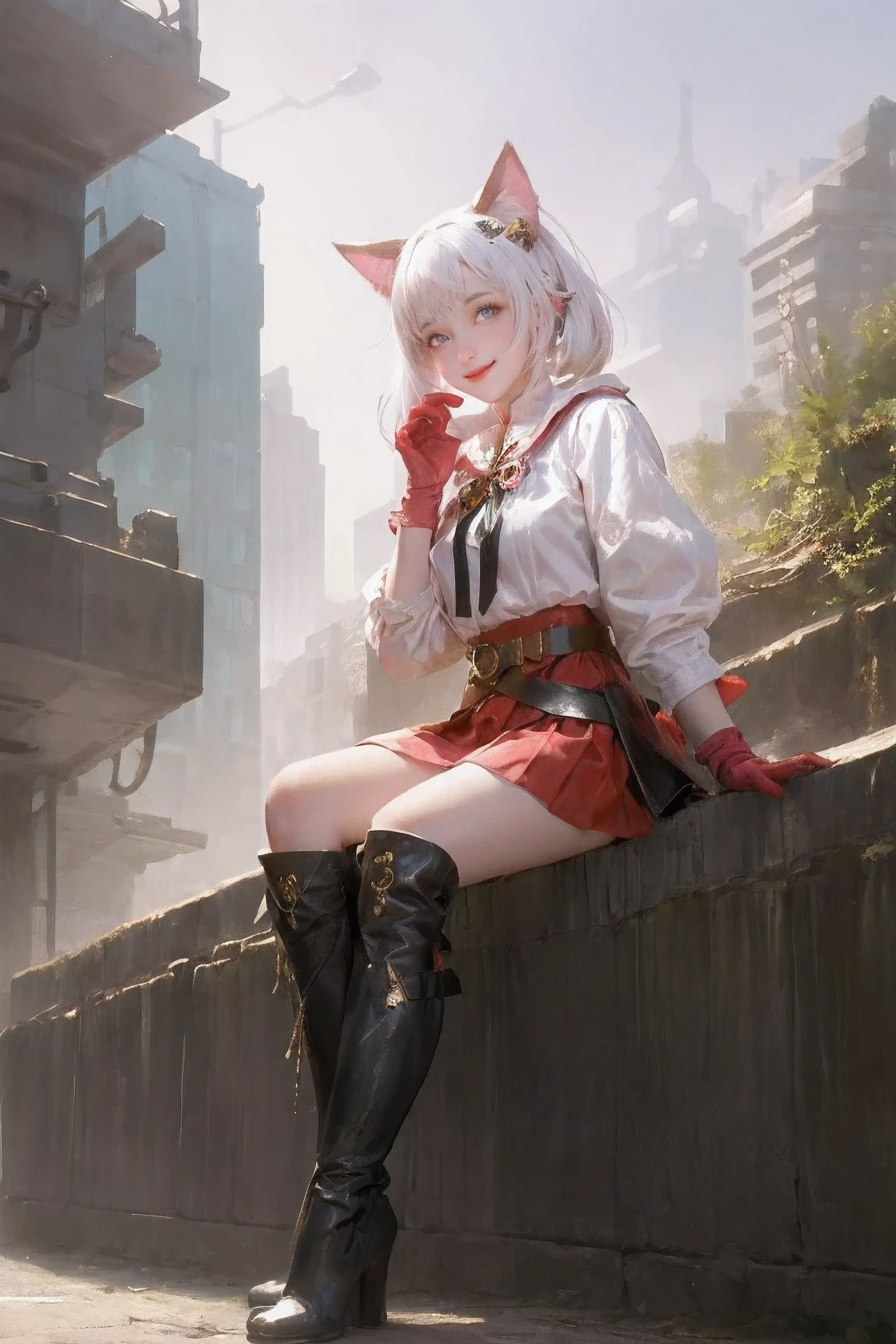 1 girl, alone, masterpiece, best quality, Outdoor activities, posture , animal ears, boots, Cat ears, catwoman, city View, skirt, gloexistes, green background, Grinning, Raise your hand, knee boots, knees up, long sleeexistes, looking at existiewer, medium hair, pink eyes, pleated skirt, red footwear, sash, sitting, skirt, sleeexisteless skirt, Tail, exist, white hair, White sailor collar, wide sleeexistes