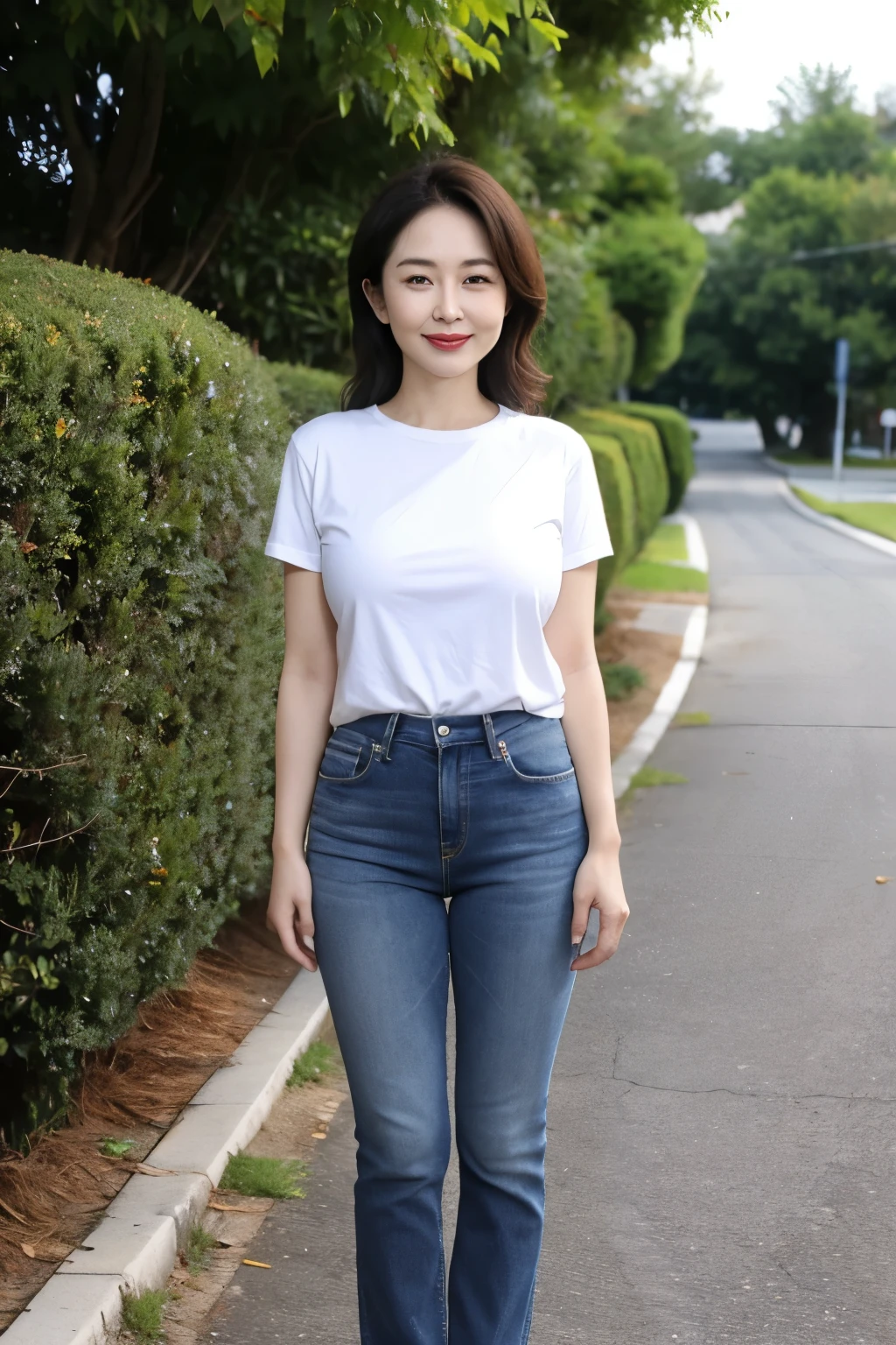 Draw lips correctly, red lipstick, from chest up, best quality, Super detailed, lifelike, Super fine skin, perfect anatomy, (1 日本Mature的女人), (alone),Wear a white crew neck shirt,short sleeves,blue jeans,wavy long hair,37-year-old female,Mature,charming smile,outdoor background,stand,Leg length,Chubby,Big breasts,stand up,full-body shot