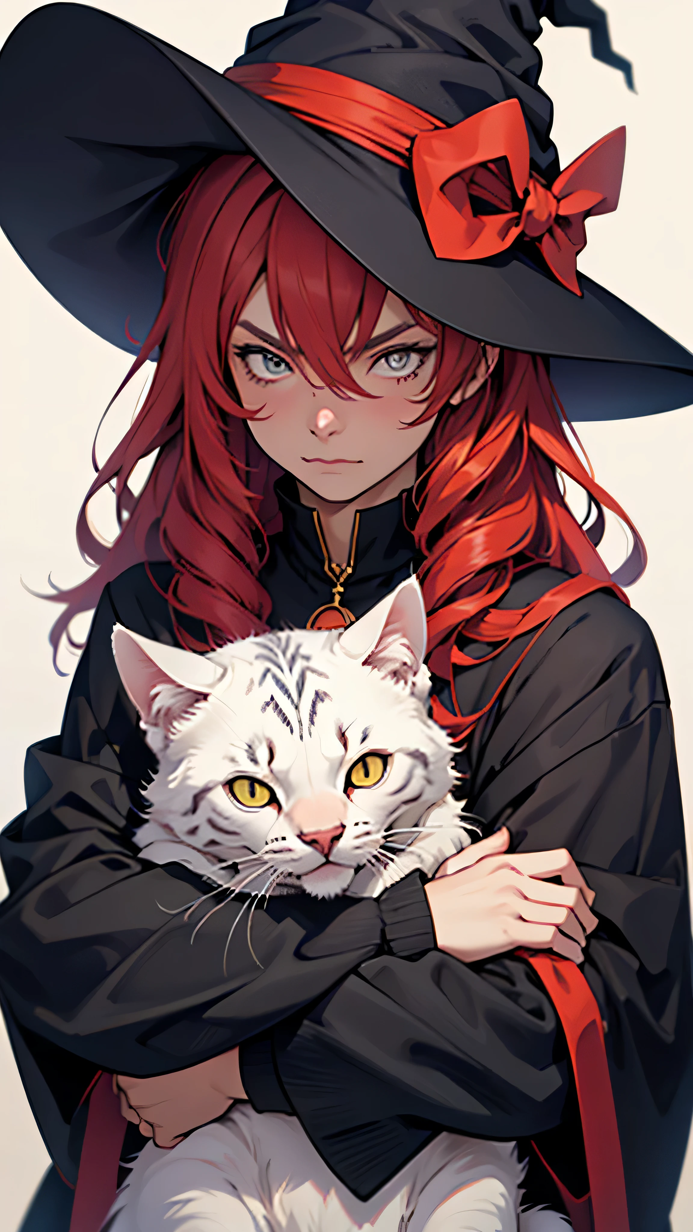 holding a cat, witch, girl, one person, hug a cat, upward facing eyes, wizard&#39;s hat, inner hair coloring, redhead, I furrowed my brow., anime, Hmm, highest quality, advanced details, 8k