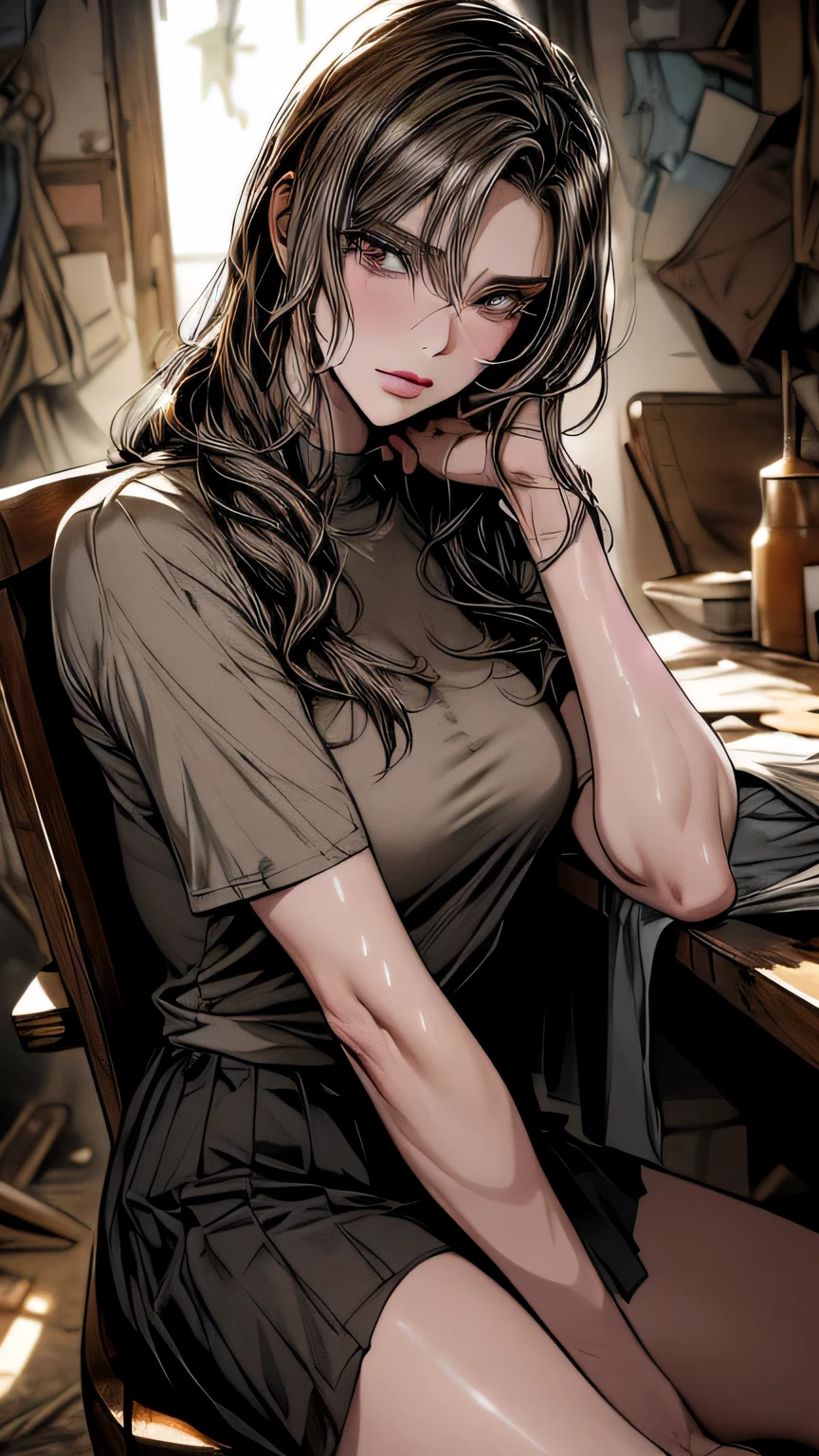 art future anime. bird'perspective, Dirty woman sitting with legs apart on a chair in a dilapidated house, wet messy hair above the eyes, Detailed bodycon shirt and short pleated skirt. big ship, close-up landscape, hurt. written by hand, cinematic lighting, very detailed. white, Brown, red. perfect composition, masterpiece, highest quality, 4k, sharp focus. perfect anatomy.(((whiteいマイクロミニランジェリーセット)))
