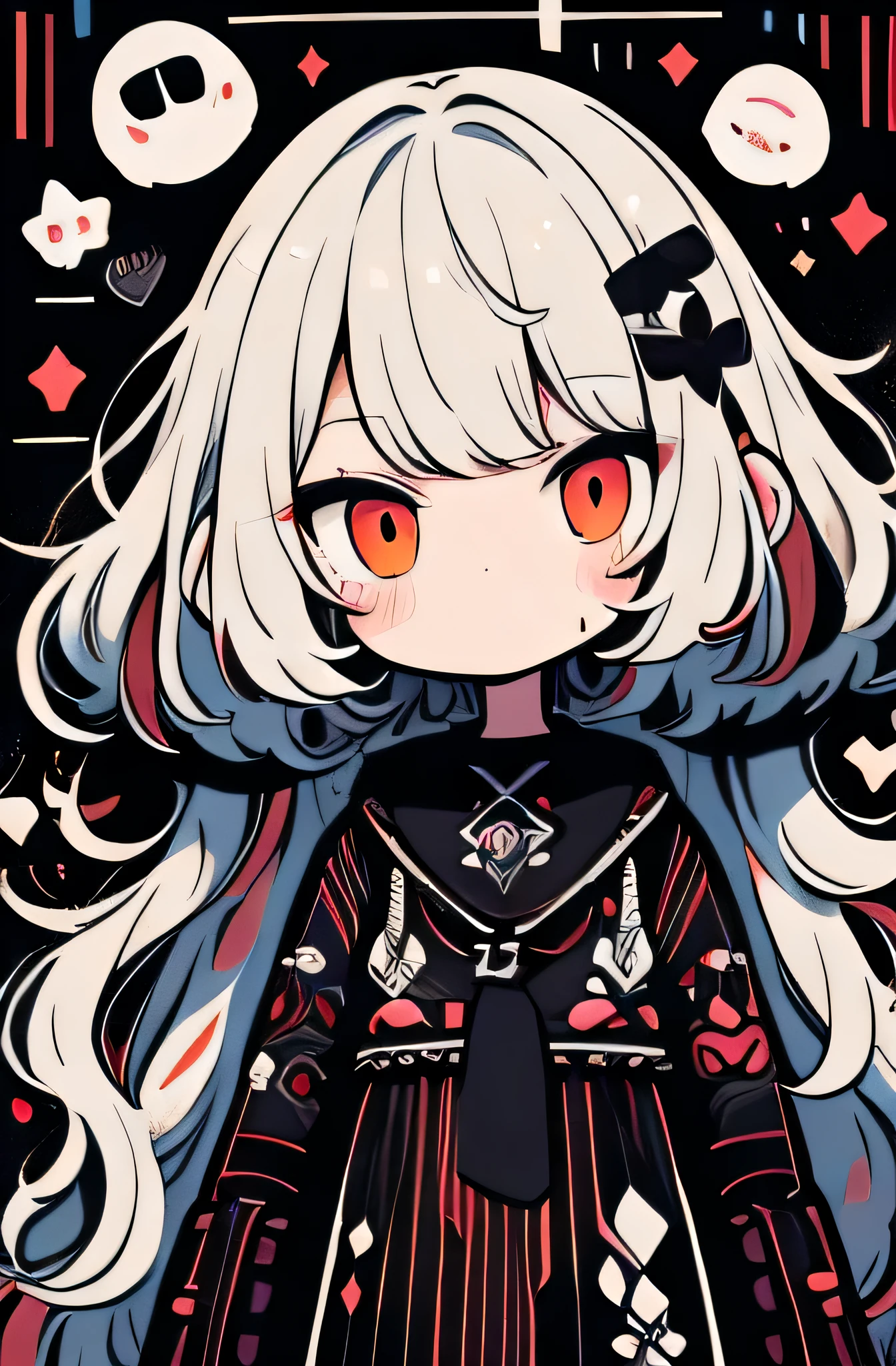 high quality、neon color palette、High level image quality、pretty girl、Unprecedented amount of drawing、anime style、geometric pattern background、Label Style、wide、black fur、red eyes, heart shaped eyes., wavy fur, Until death, loose clothing, black dress, Red heart-shaped neckline, self-harm, teacher, dark, dark eyes, Blood, spooky, eroteacher, devilの角, dark circles, neon, eye fatigue, Bubble tea, fail, retro, i was scared, devil, eyeball, Ghost, horror, Bloodied, colourful Blood, fail