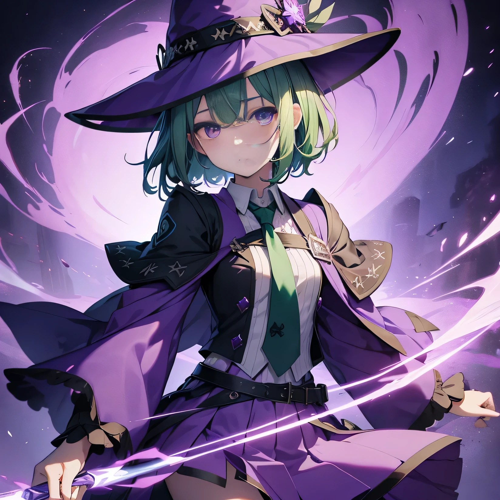 highest quality、very delicate and beautiful、(teenage girl)、purple eyes、green hair、short haired、(Purple Witch Hat)、purple tie、I、short sleeve、purple skirt、tactical vest,purple wizard's robe、belly button、standing、facing the front、expression of hatred、dark background、Eye mark only