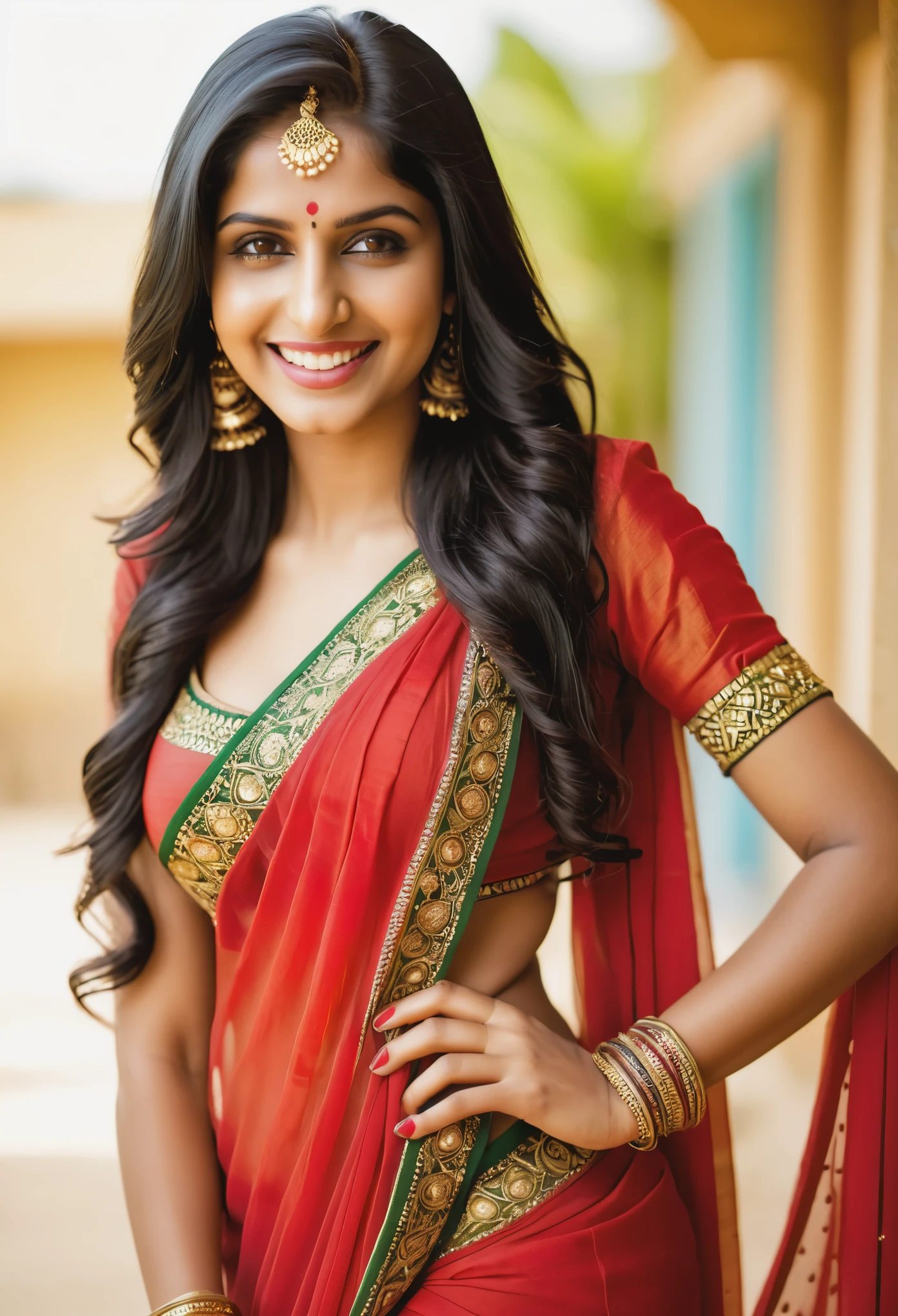 A 21-year-old Indian lady with long, flowing black hair cascading down her back, her olive skin glowing under the golden sunlight, a seductive smile playing on her lips, her eyes sparkling with mischief, wearing a figure-hugging red saree that accentuates her curves, her slender fingers adorned with intricate henna designs, Photography, DSLR camera with a 50mm prime lens, shallow depth of field to blur the background and focus on her captivating beauty,