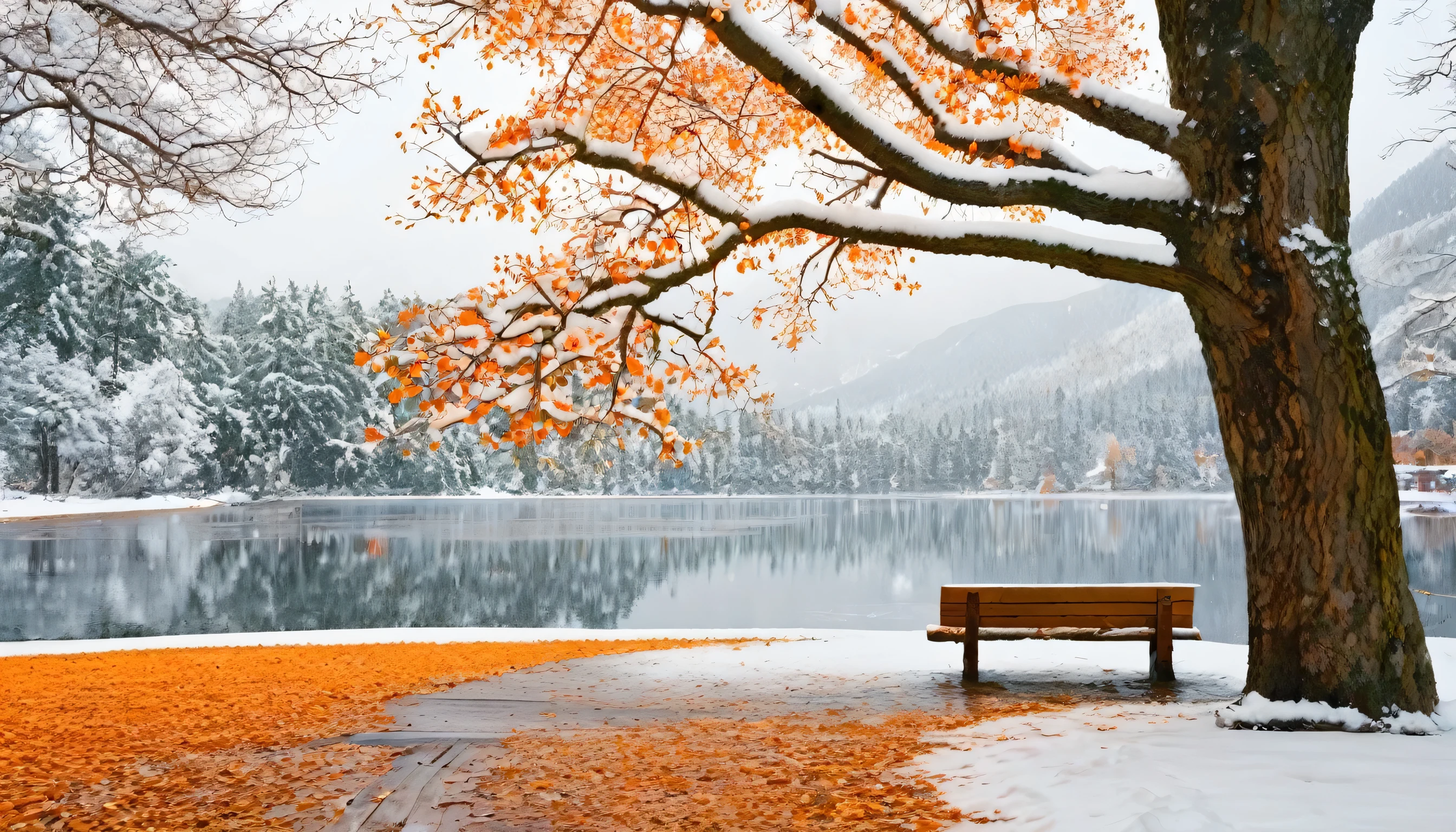 a big tree with orange leaves covered with snow, a wooden bench next to the tree, a lot of falling snow, a winter lake in the forest, a mountain forest covered with snow