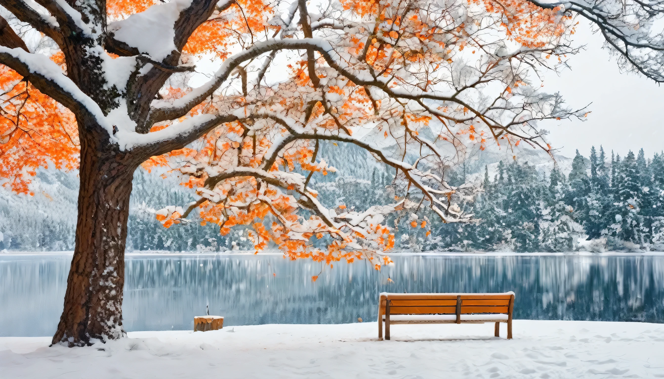 a big tree with orange leaves covered with snow, a wooden bench next to the tree, a lot of falling snow, a winter lake in the forest, a mountain forest covered with snow