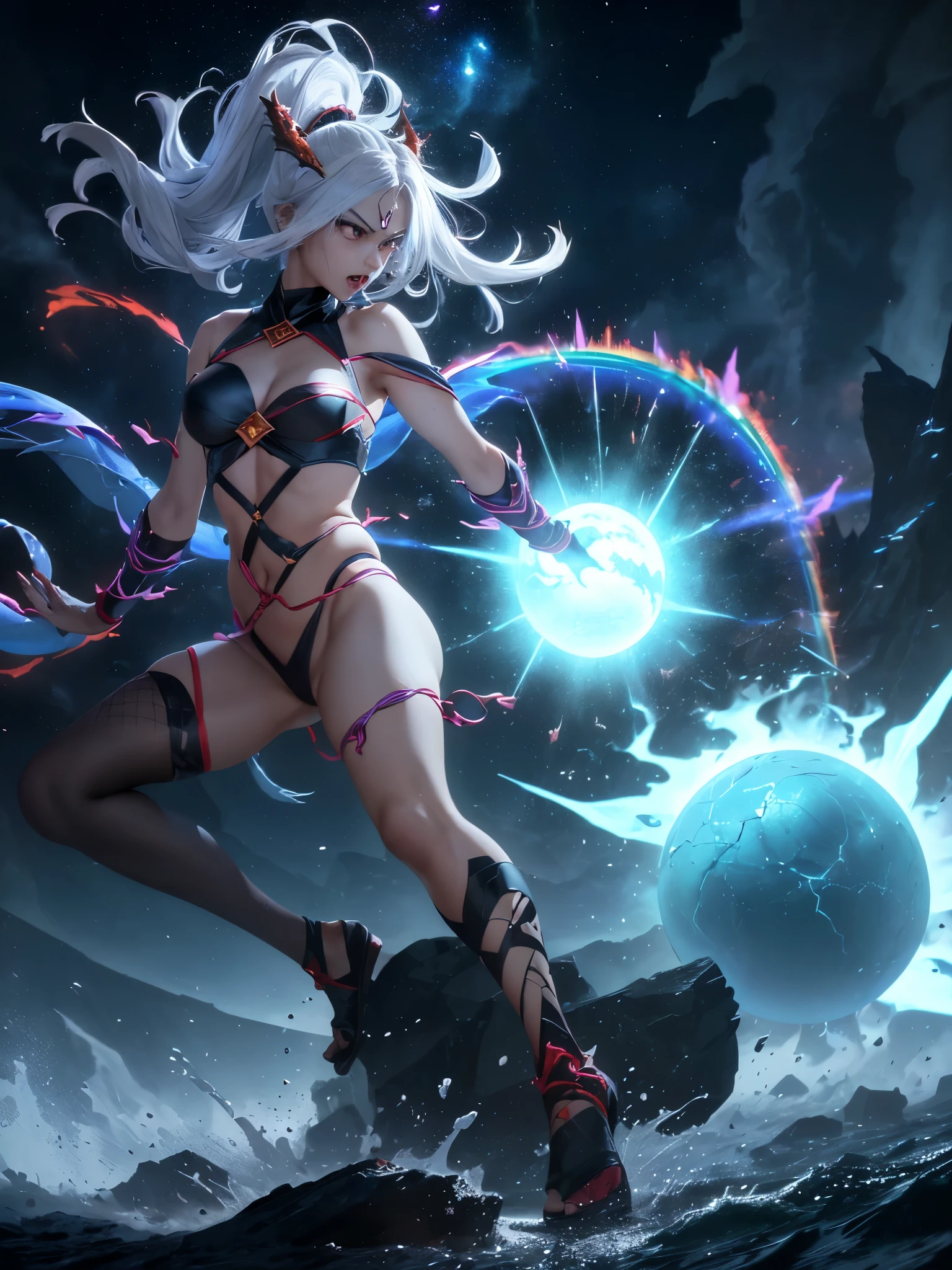 An (extremely fierce Gurung woman (age 35), slim and toned figure, ankle length platinum hair, tiny loose fighting clothes, explosive fury) is channeling her Ki energy (resembling lightning), into a ('DragonBall' a large pulsing sphere of rainbow power being circled by the ghost of a dragon), best quality, extremely high detail, chunks of earth hang in the air caught in the massive upwelling of power, shockwaves, dramatic views