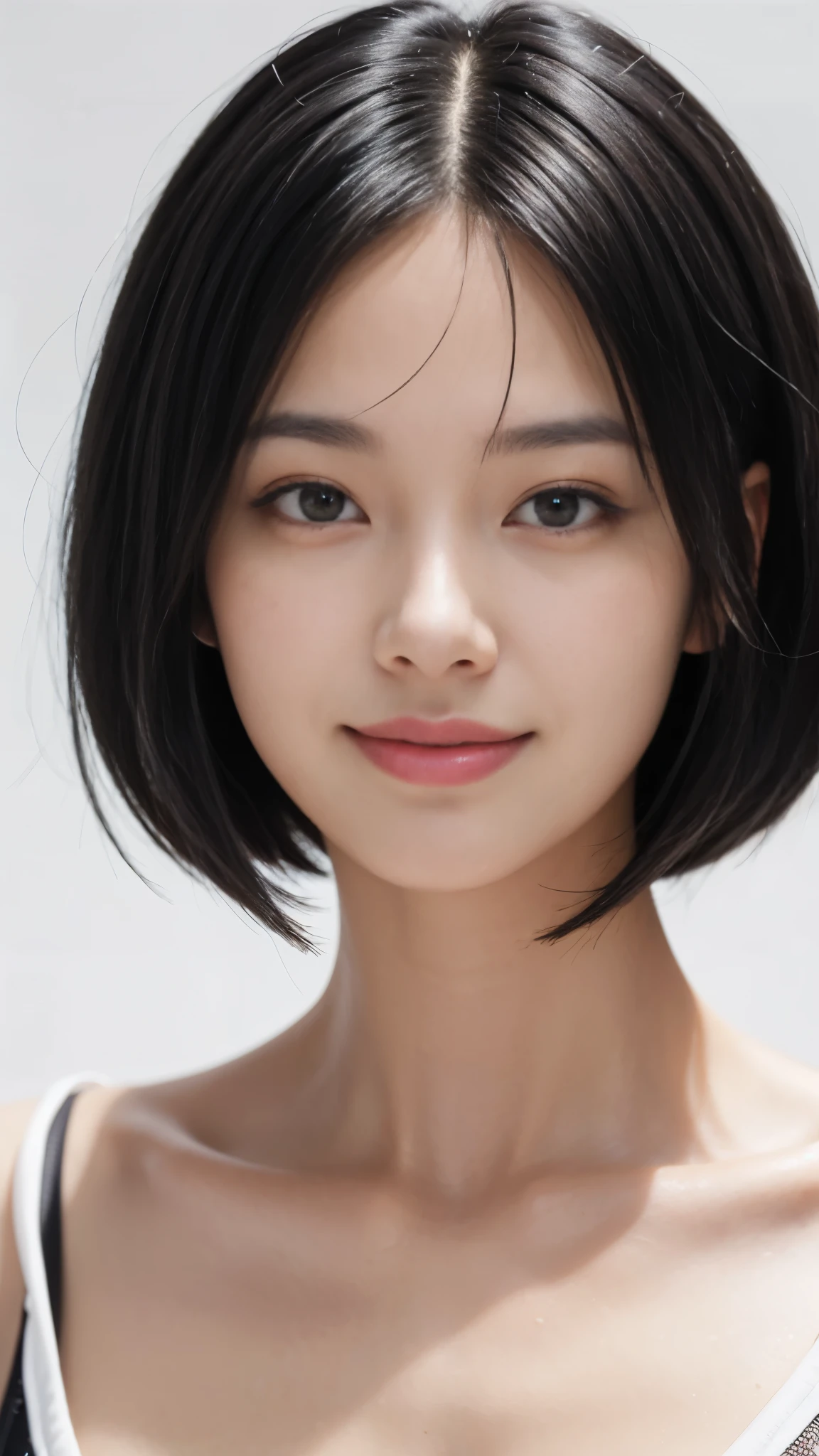 （ultra high resolution）（masterpiece）（rough skin）（very detailed）（high quality）（最high quality）（first person perspective）16k ,black hair,white background　bob hair woman,smile,frontal face　extreme close up