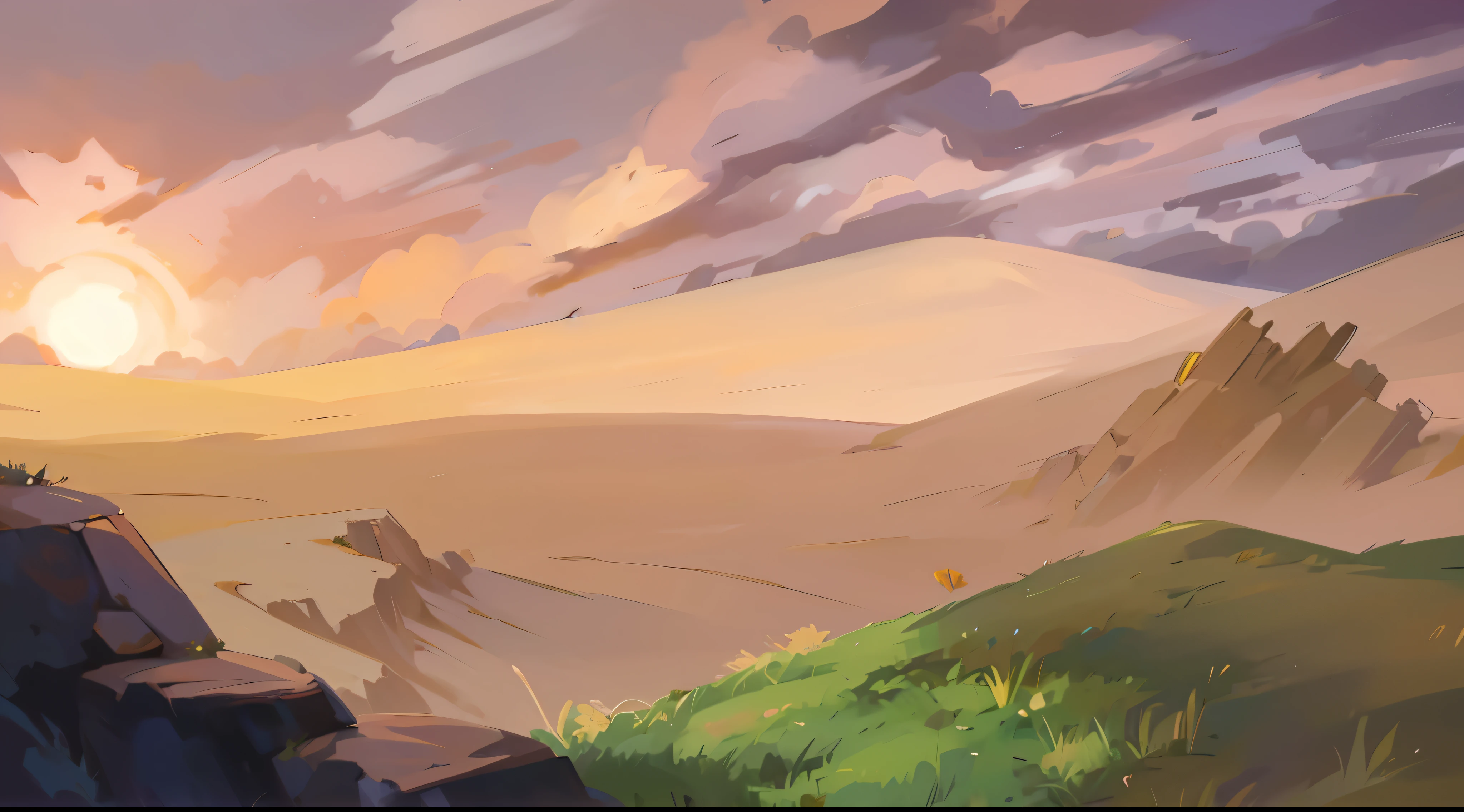 (detailed art), super wide landscape scenery, scenery from the top of the hill, savana desert landscape, twilight hour, sunset, grass, rocks fore ground,