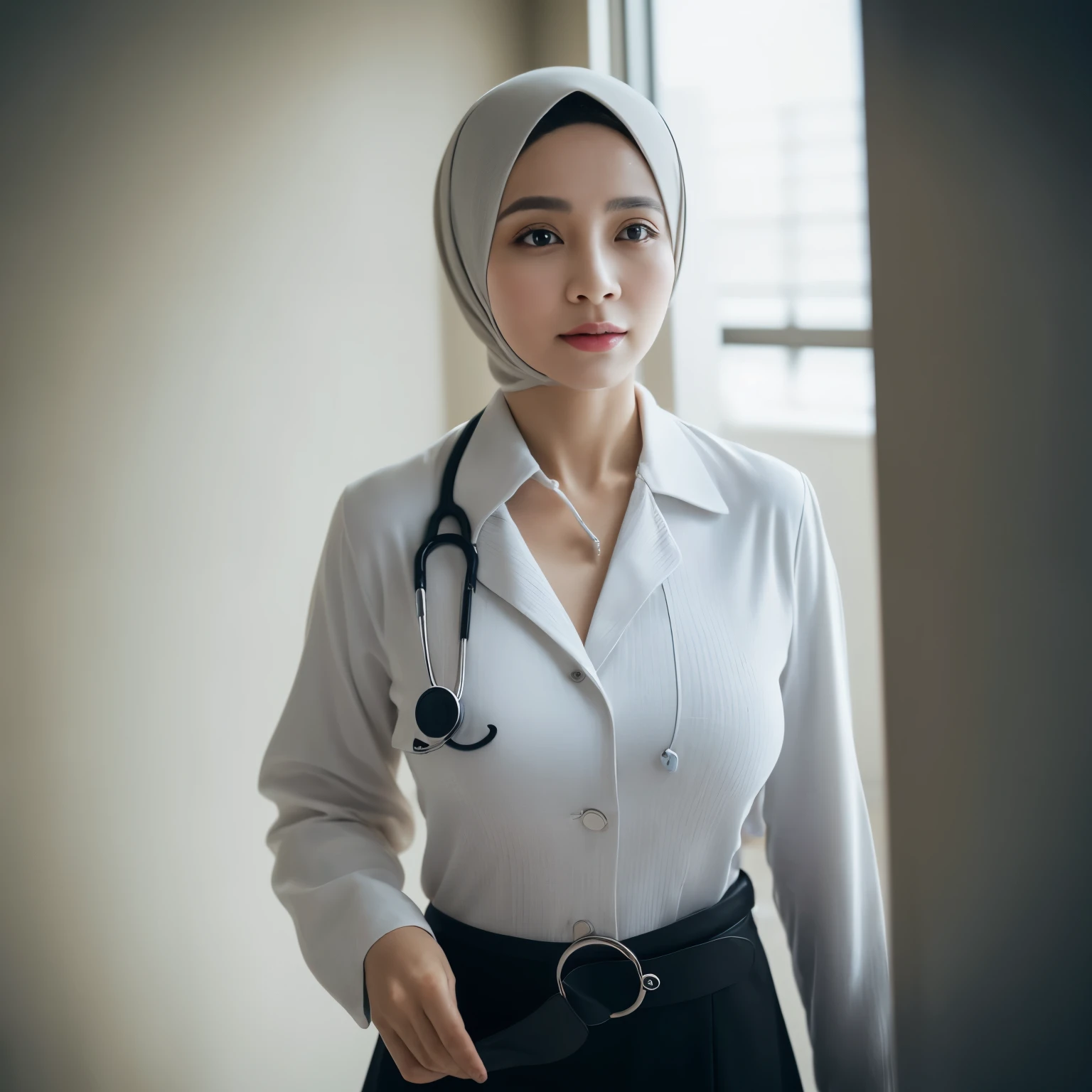 (56 Years Old), (Photorealistic beautiful Hijab Indonesian Mature woman), doctor、stunningly beautiful、doctors white coat, Collared shirt、(top-quality、8K、32K、​masterpiece、nffsw:1.3)、超A high resolution,(Photorealsitic:1.4),Raw photography, Detailed face, (Curvy Body), (Beautiful hijab woman), ((Doctor Style)), , Black tight skirt、 Natural makeup,, (large full breasts : 1.4)、inside hospital, Detailed background, Perfect Lighting, depth of fields, Beautiful shadow gradient,stethoscope .