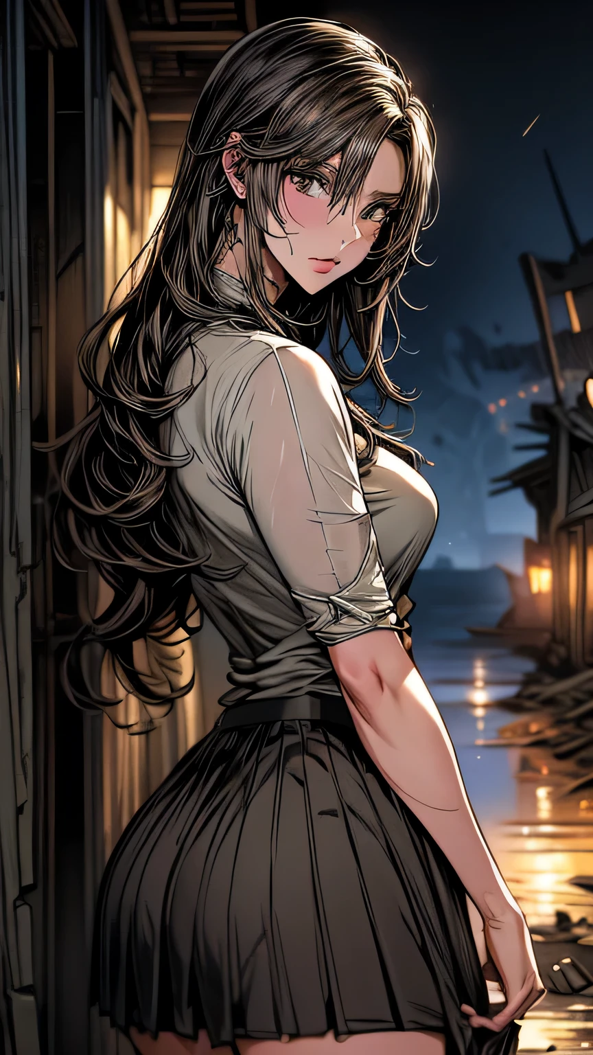 art future anime. bird&#39;perspective, Dirty woman standing in a dilapidated house, wet messy hair above the eyes, Detailed bodycon shirt and short pleated skirt. big ship, close-up landscape, hurt. written by hand, cinematic lighting, very detailed. white, Brown, red. perfect composition, masterpiece, highest quality, 4k, sharp focus. perfect anatomy.(((whiteいマイクロミニランジェリーセット)))､view from behind､here&#39;s your perspective、