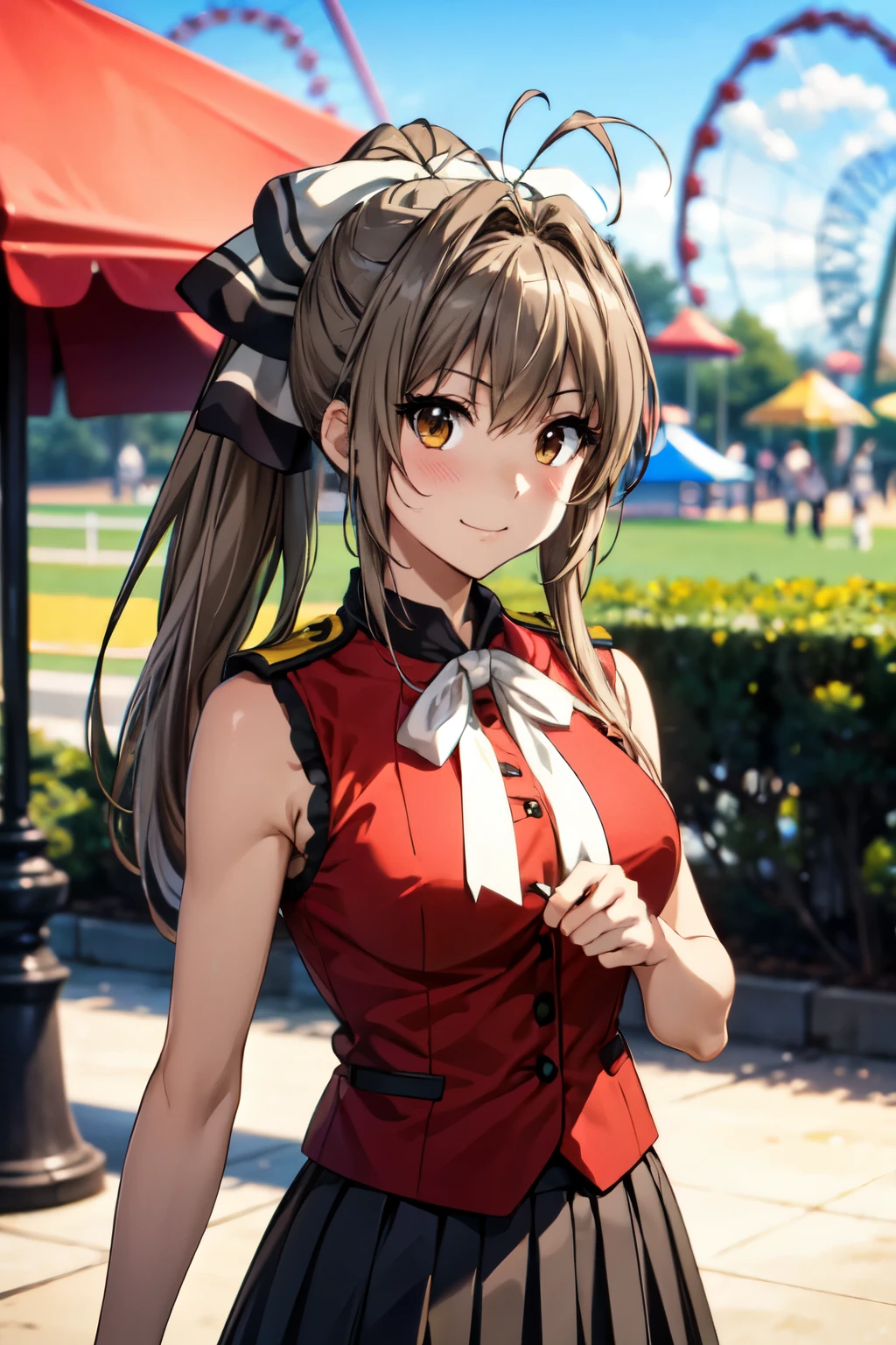 (anime style),1 girl, alone, masterpiece, highest quality, Amagi Brilliant Park, sento isuzu, brown eyes, brown hair, long hair, ponytail, hair between eyes, hair intake, side lock, antenna hair, hair ribbon, white ribbon、 ((SentoVest, red shirt, sleeveless, aiguillette, epaulettes, white bow, black skirt)),((amusement park)), put your hand on your chest,Look at the viewer、smile, outdoors、(face the front、Cover your subject all over)、(blush、light in the eyes、eye highlights), put your hand on your chest