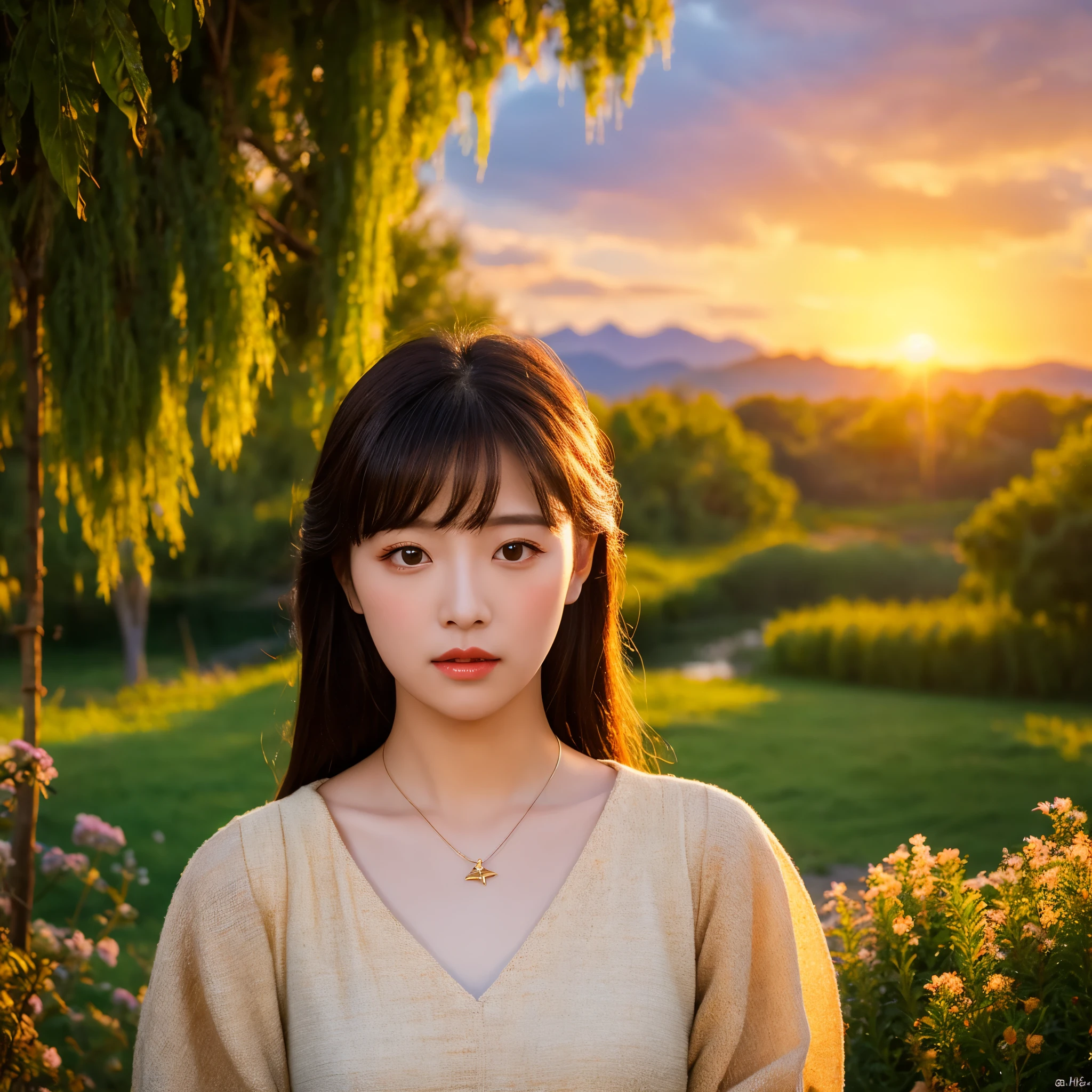 1 girl, calm expression, enchanting eyes, straight long hair, flowing dress, calm posture, porcelain skin, subtle blush, Crystal pendant BREAK golden hour, (rim lighting):1.2, warm tones, solar flare, soft shadow, Bright colors, painterly effect, Dreamy atmosphere BREAK Beautiful lake, distant mountain々, willow tree, calm water, reflection, clouds illuminated by the sun, peaceful atmosphere, peaceful sunset, super detailed, official art, unity 8k wallpaper
, tangled, mandala