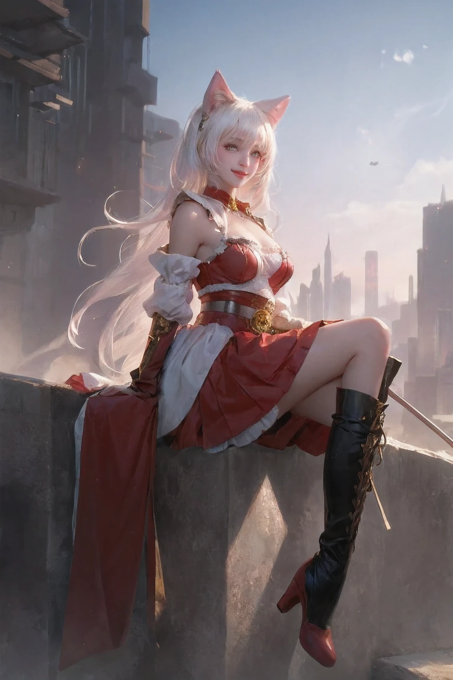 1 girl, alone, masterpiece, best quality, Outdoor activities, posture , animal ears, boots, Cat ears, catwoman, city View, skirt, gloexistes, green background, Grinning, Raise your hand, knee boots, knees up, long sleeexistes, looking at existiewer, medium hair, pink eyes, pleated skirt, red footwear, sash, sitting, skirt, sleeexisteless skirt, Tail, exist, white hair, White sailor collar, wide sleeexistes