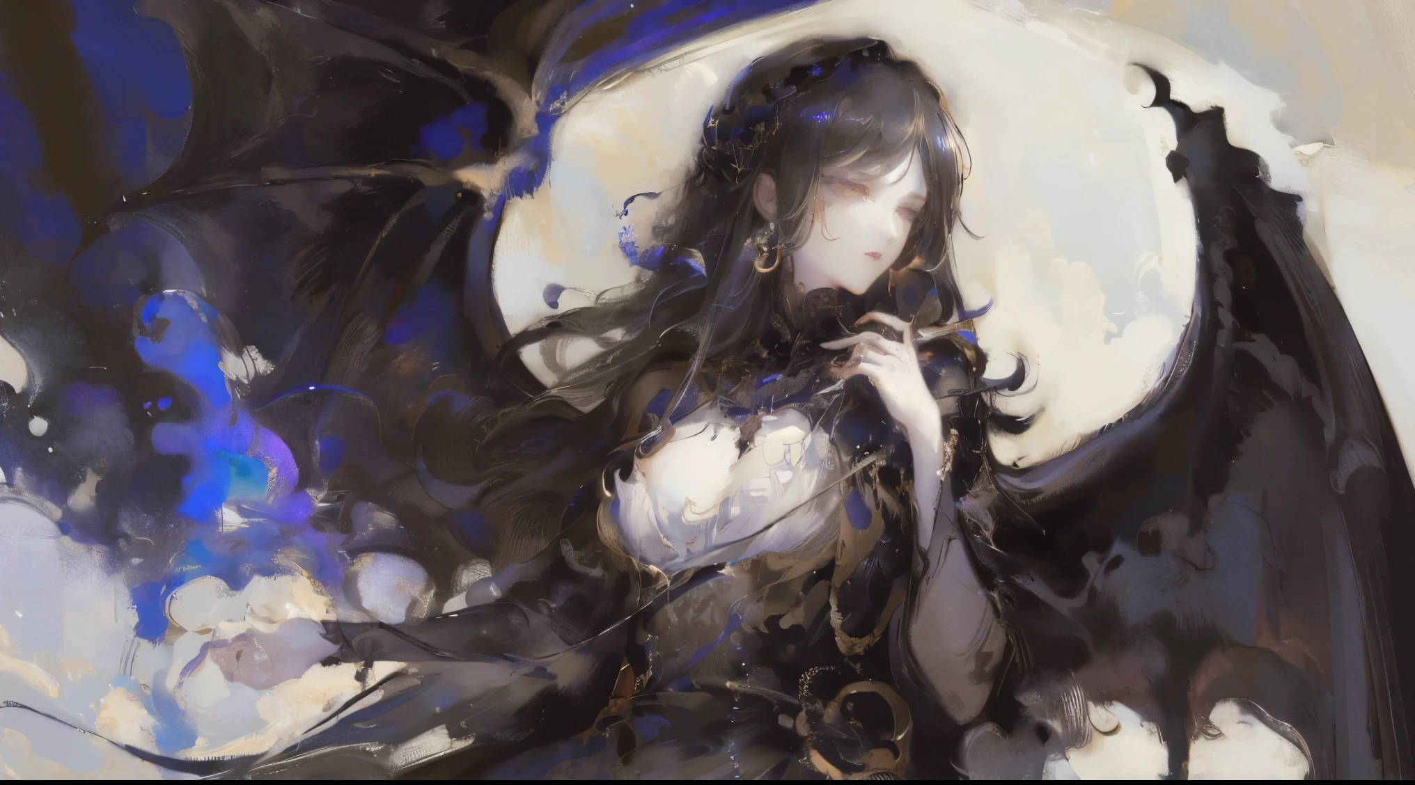 (highly detailed CG、ultra - detailed、The best shadow:1.1)、solo、painting-like、a sketch、Paper texture、ultra high resolution、The facial details are particularly rich、flatcolors、The facial details are particularly rich、(Designed by nty:1.4), A woman is, Dark color dress, (solo), grieves, Yoshitaka Amano character design, solo, satanic、tmasterpiece: 1.7, top-quality、actual、limited pallet、low-contrast、Black wings:1.2, A mature woman、The best lighting、Beutiful women、Blanche:1.6、(tangled、datura、controversy、wring:1)