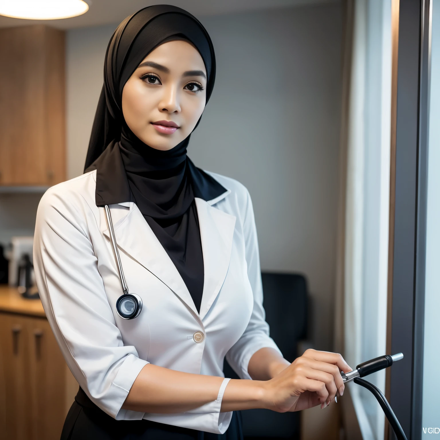 (56 Years Old), (Photorealistic beautiful Hijab Indonesian Mature woman), doctor、stunningly beautiful、doctors white coat, Collared shirt、(top-quality、8K、32K、masterpiece、nffsw:1.3)、超A high resolution,(Photorealsitic:1.4),Raw photography, Detailed face, (Curvy Body), (Beautiful hijab woman), ((Doctor Style)), , Black tight skirt、 Natural makeup,, (large full breasts : 1.4)、inside hospital, Detailed background, Perfect Lighting, depth of fields, Beautiful shadow gradient,stethoscope .