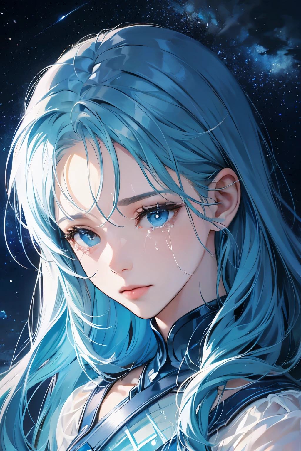 glass woman, crying, amidst the starry sky, bluish light, glass in bright blue tones