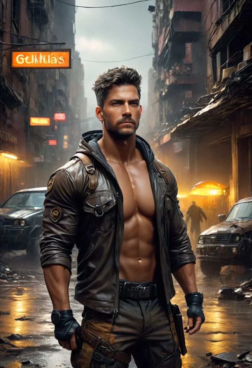 realista:1.3,( fotorrealista, 8K, Fotos CRUDAS, Calidad premium, obra maestra, epic lighting. de cerca, Imagen centrada), (primer plano),((1 hombre hermoso seguro de si misma musculos bien formados, post apocalyptic, guerrero, Rostro y cuerpo perfectamente detallados, (primer plano), escenario lluvioso, poca iluminacion por la lluvia, rostro y cuerpo mojados por la lluvia,iluminacion del de rayos, dynamic pose, cabello hermoso y detallado, ropa de cuero))