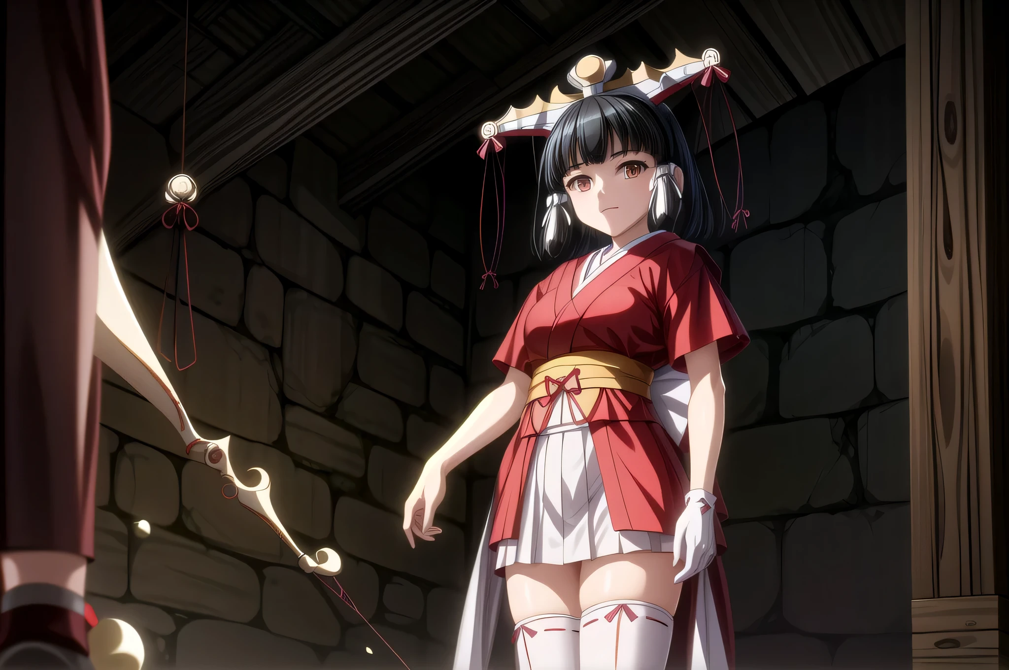 masterpiece, best quality,1girl, red bow, bow, long hair, hair bow, ainu clothes, solo, hairband, black hair, fingerless gloves, short sleeves, gloves, sash, pants, bangs, red hairband, weapon, breasts, brown eyes, white pants, japanese clothes, nakoruru, light smile, officials art, good composition,m, detailed portrait, portrait, bokeh, forest with river, sun behind back, pencil style, traditional brush, samurai, onmyoji style, high resolution, dramatic lighting and shadow, sun flared, blurry foreground, blood plashing around, looking at viewer, hands behind back, hands not in view, face shading, strong lighting, dim light, KaguyaK,1girl,solo,long hair,large breasts,black hair,brown eyes,standing,dynamic pose,masterpiece,best quality,absurdres,perfect anatomy,cinematic lighting,cowboy shot,hair ribbon,(japanese clothes,red:1.1),thighhighs,white thighhighs,see-through,sandals,tabi,headdress,skirt,long skirt,shrine,