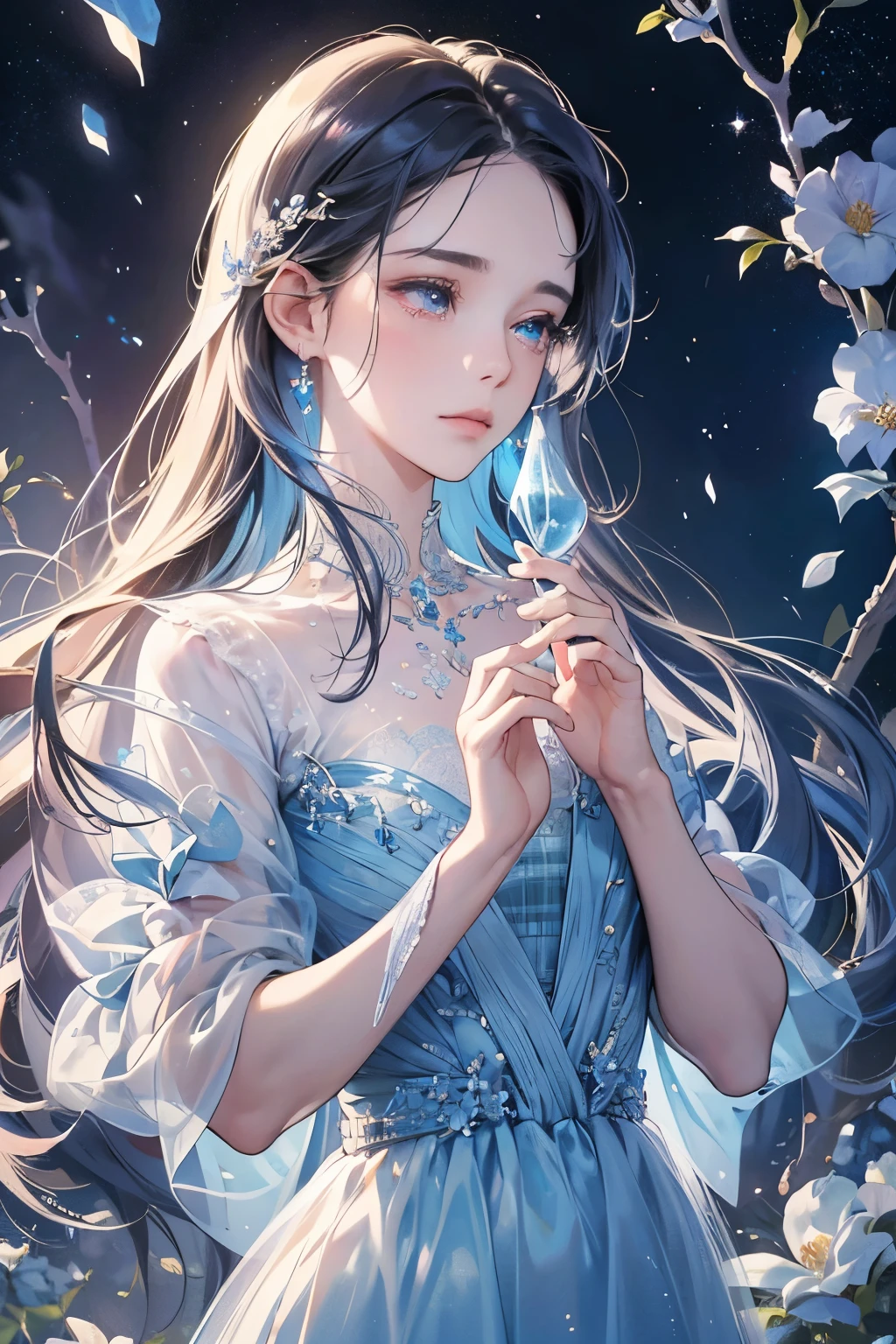 (best quality,4k,8k,highres,masterpiece:1.2),ultra-detailed,(realistic,photorealistic,photo-realistic:1.37),glass woman,beautiful tearful eyes,exquisite glass sculpture,tears flowing down her glass cheeks,fragile glass-like skin,shimmering glass hair,softly glowing from within,mesmerizing bluish light,sparkling like a star,the starry sky as the backdrop,with a backdrop of twinkling stars,creating a dreamy atmosphere,ethereal beauty,in the midst of a beautiful garden,flowers blooming around her,adding a touch of color,reflecting the bluish light,dainty glass dress,adorned with intricate patterns and delicate details,creating a sense of elegance,every movement accompanied by a soft tinkling sound,every breath accompanied by a gentle shimmer,pure and transparent,like tears frozen in time,a heart-wrenching expression of sadness,captivating the viewers with its emotional depth,inviting them to contemplate the fragility of human emotions。
