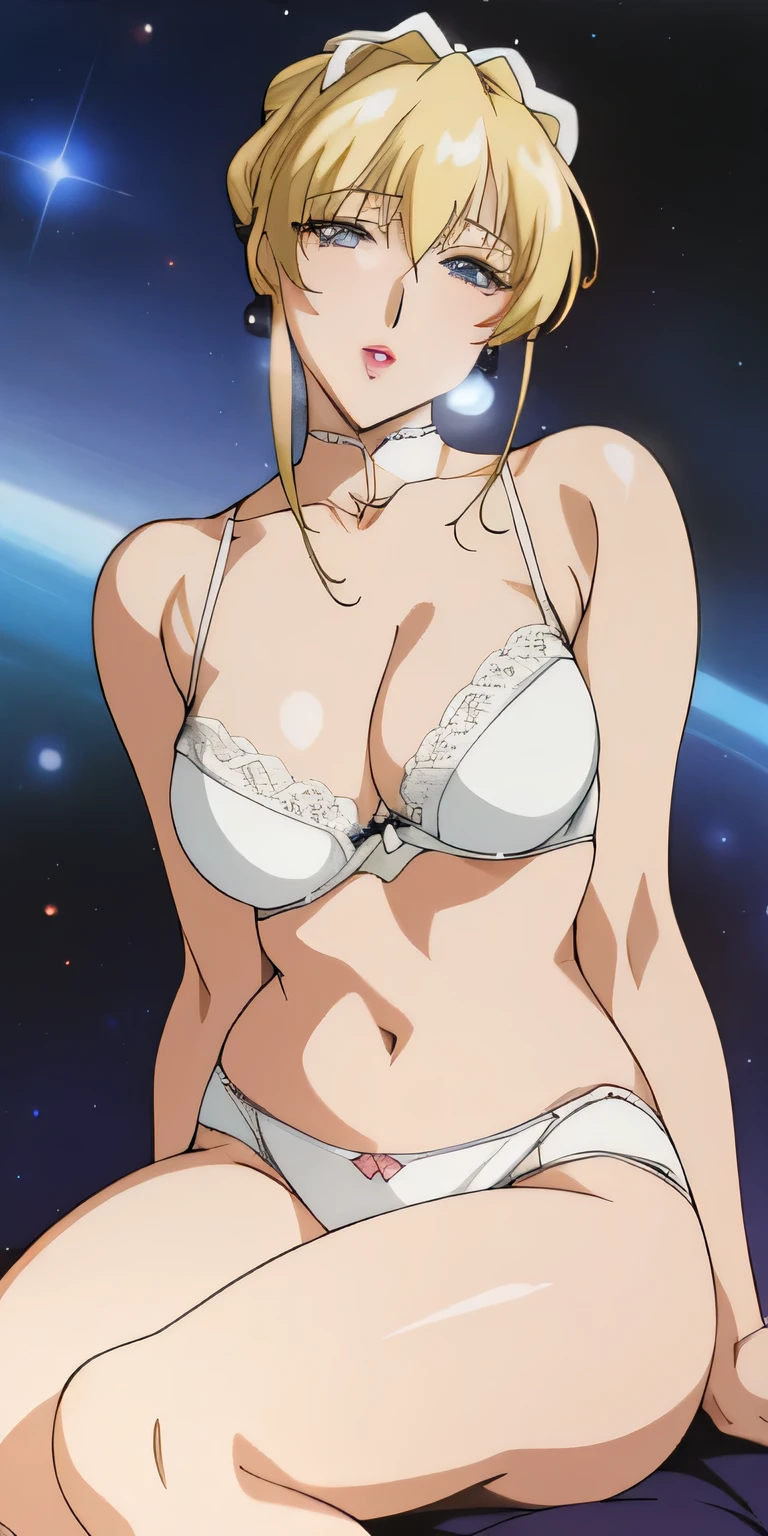 (NSFW),1 girl,Ines Fressange, ,In underwear, masterpiece, highest quality, detailed face, beautiful eyes, fine skin,soft lips,High resolution,anime CG,space background,スリムなthighs,well-shaped chest,beautiful shoulders,slender body,(white lace bra),belly button,isometric, (((realistic))), realistic, blonde hair , blonde public hair ,(white lace panties),white garter belt ,thighs,(anime Key Visual of elegant), Anime original picture, Key Visual, Anime visuals of cute girls, 詳細なAnime original picture,sitting,from the front,