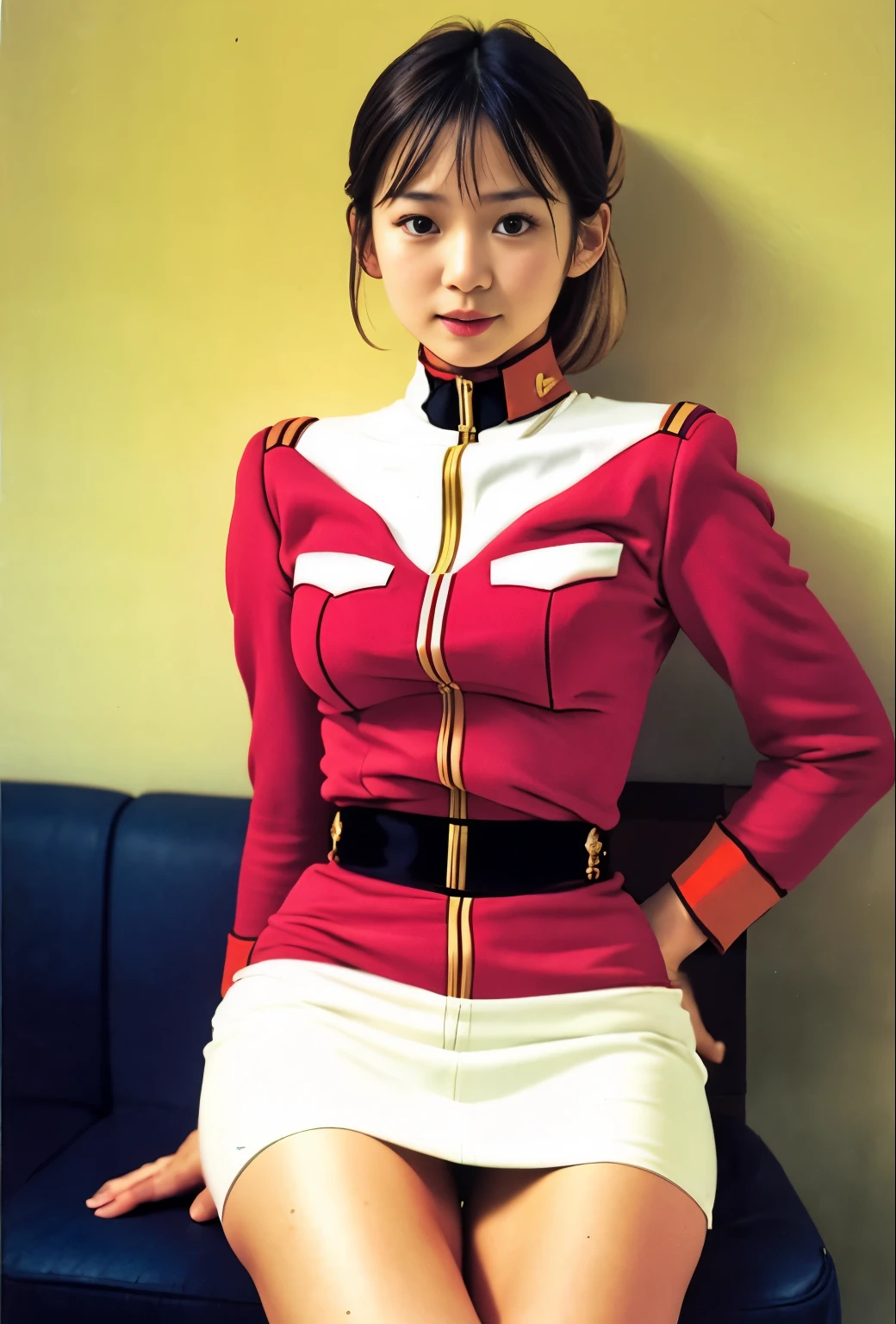 real photos、Highest imYear quality、Beautiful woman、beautiful thighs、beautiful face、real imYear、federal army uniform uper mini skirt、ponytail、Yuriko Yoshitaka、16Year日本人女性、Mrs. Bowe、pretty girl、white pantiesが丸見え、1６Year、（white panties:1.3）、super mini skirt、beautiful thighs、white panties、赤いミニスカートがめくれてwhite pantiesが見えてる