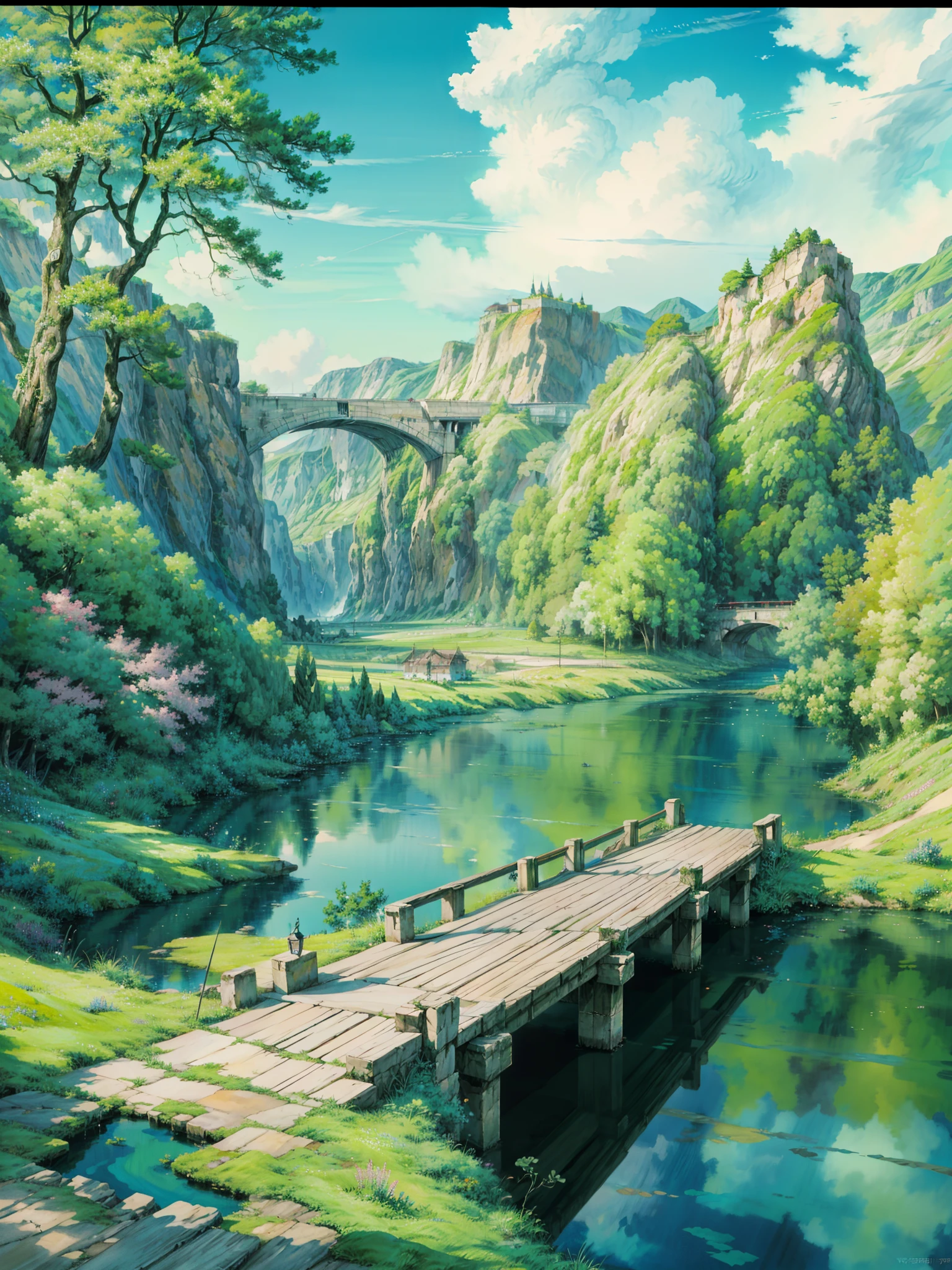 a painting of a bridge over a river, anime nature wallpap, anime beautiful peace scene, anime nature, anime scenery, anime landscape wallpaper, anime landscape, studio ghibli environment, ross tran. scenic background, dream scenery art, anime scenery concept art, kinkade, anime background art, beautiful oil matte painting, magical forest backround, nature wallpaper, monstera plant, hanging lights  , 4k hd,, beautiful art uhd 4 k, a beautiful artwork illustration, beautiful digital painting, highly detailed digital painting, beautiful digital artwork, detailed painting 4 k, very detailed digital painting, rich picturesque colors, gorgeous digital painting, no human, no people