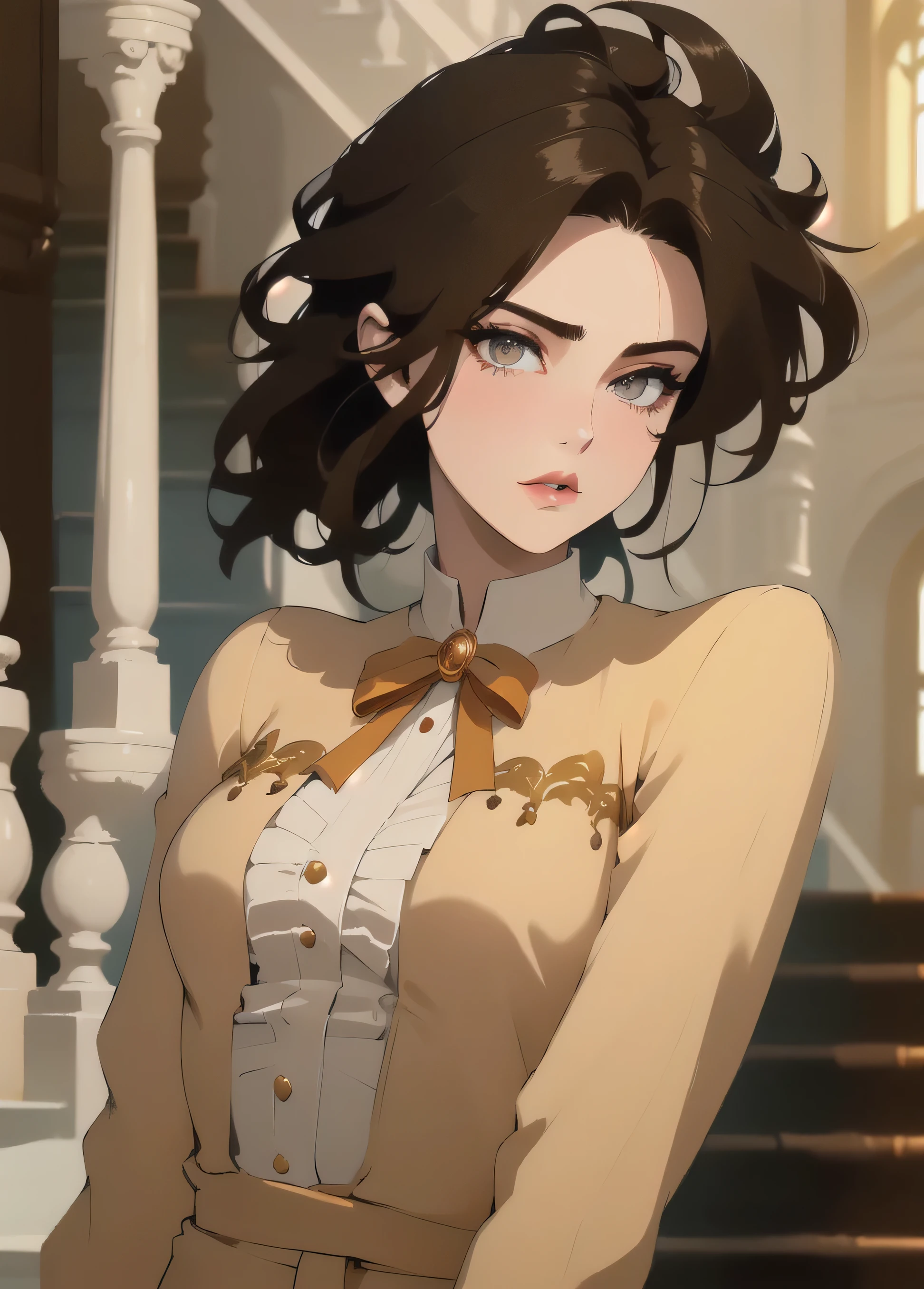 a woman, solo, upper body, (Random:1.3), quiff hair, medium brown hair, amber eyes, kissable lips, small breasts, formal outfit, elegant staircase in a historic mansion, (masterpiece, best quality, detailed:1.3), sexy