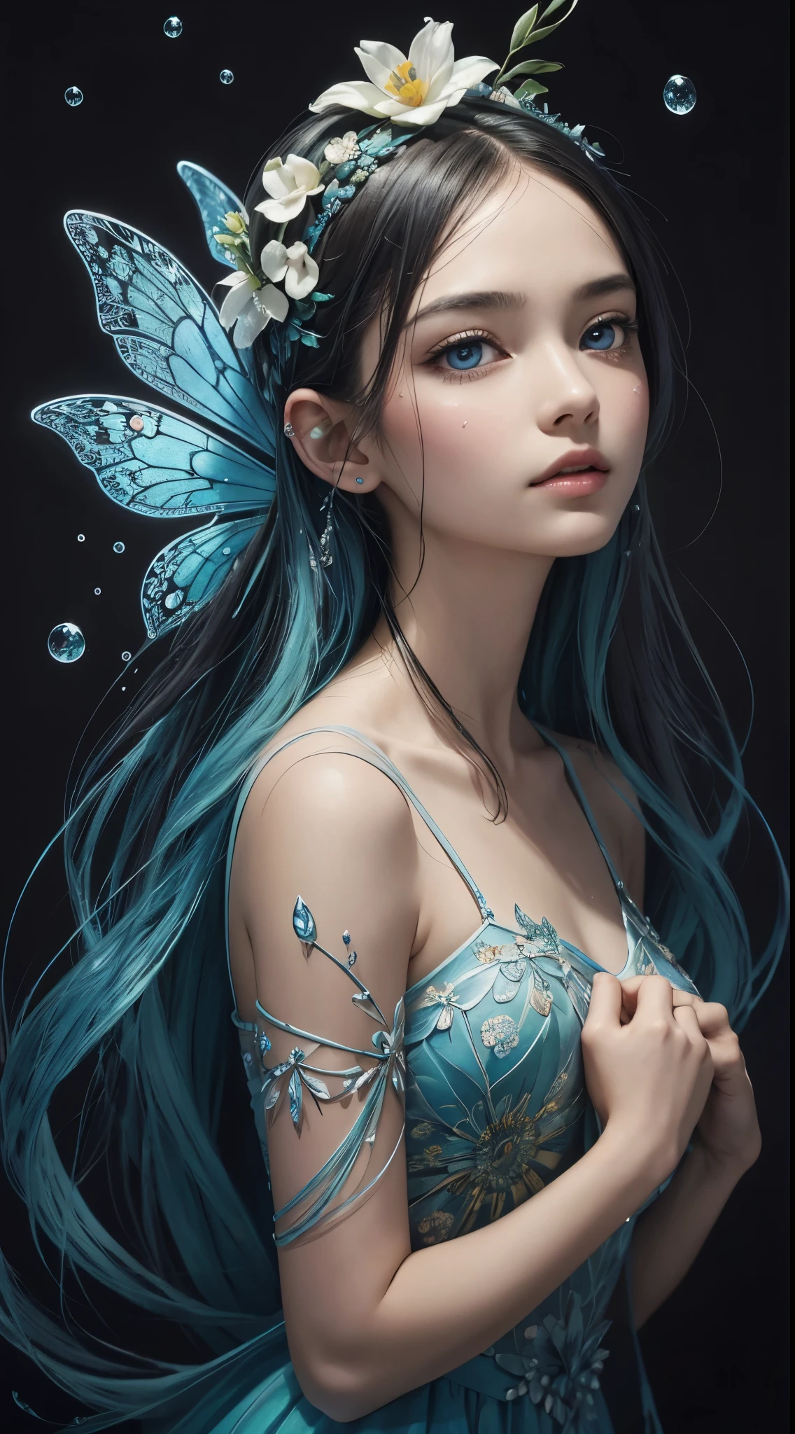 This prompt describes a professional masterpiece action painting created using oil as the medium. The painting is highly stylized and is done on cracked and broken glass, mixed with lines and markers. The artwork is created by artists Christine Ellger and Mark Ryden. The painting features a bioluminescent beautiful tender flower fairy girl with sharp glowing eyes. The eyes are expressive and highly detailed. The painting also portrays detailed petals with texture, including water drops on the petals. The petals are transparent and intricately textured. The overall artwork has a sculptural quality with artistic tenderness. The artwork is beautiful and every tiny detail is carefully depicted.