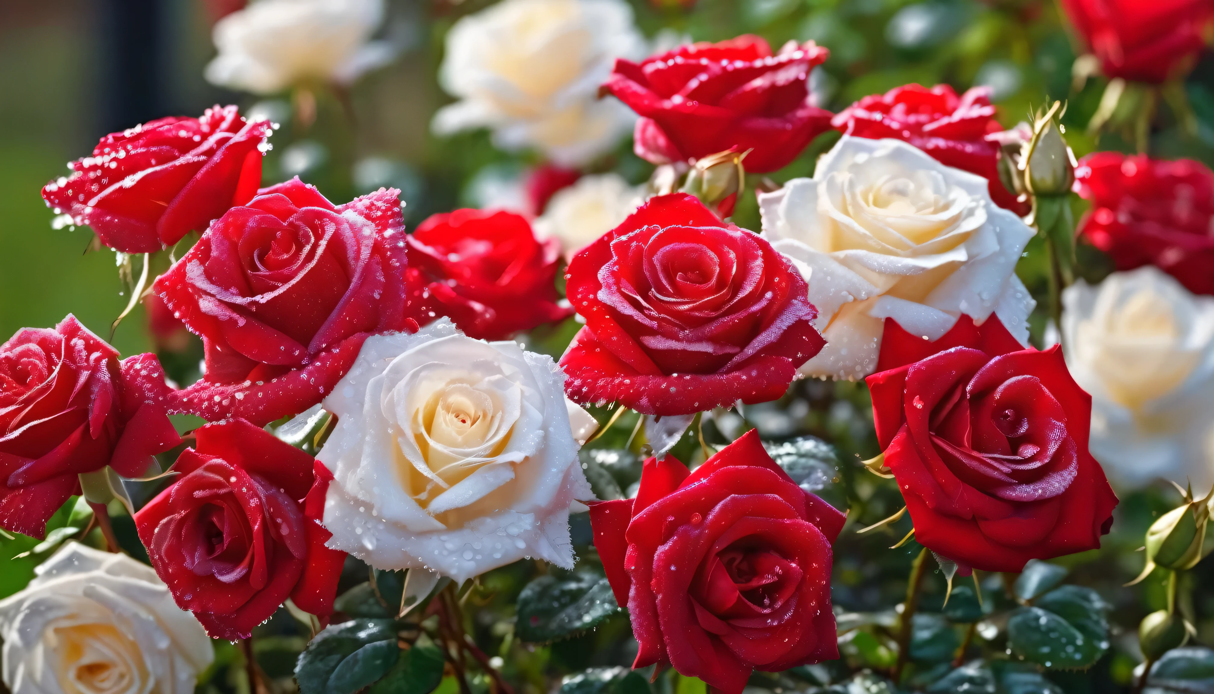 Many red and white color rose flowers in the garden and sunlight with bokeh, dew drops on flower petalasterpiece, ultra quality, high resolution, 8k, intricate: 1.2), (masterpiece), (best quality:1)