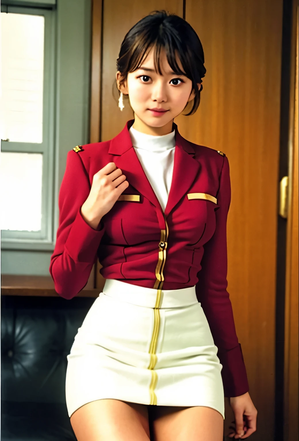 real photos、Highest imYear quality、Beautiful woman、beautiful thighs、beautiful face、real imYear、federal army uniform miniskirt、ponytail、Yuriko Yoshitaka、Year日本人女性、Mrs. Bowe、pretty girl、white pantiesが丸見え、1６Year、（white panties:1.3）、super mini skirt、beautiful thighs、white panties、赤いミニスカートがめくれてwhite pantiesが見えてる