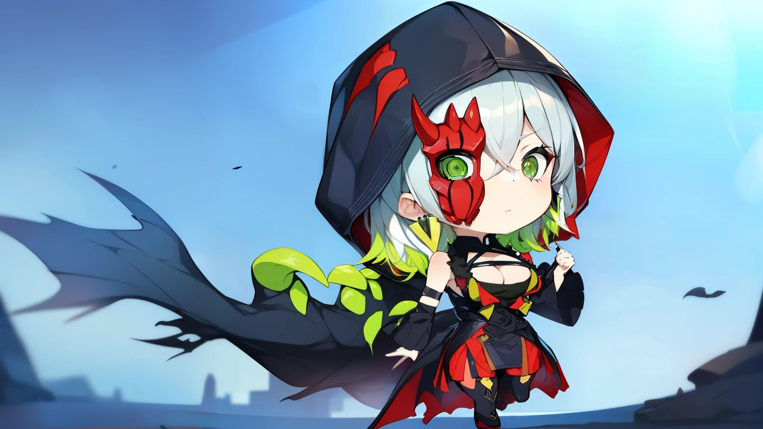 (highest quality, High resolution, perfect pixel, Depth of the bounds written, 4k, beautiful anime girl),
perfect body,
(1 Chibi character),
diabellestarr,
mask, dress, hood up, detached sleeves, single glove, red pantyhose, boots, earrings, cleavage