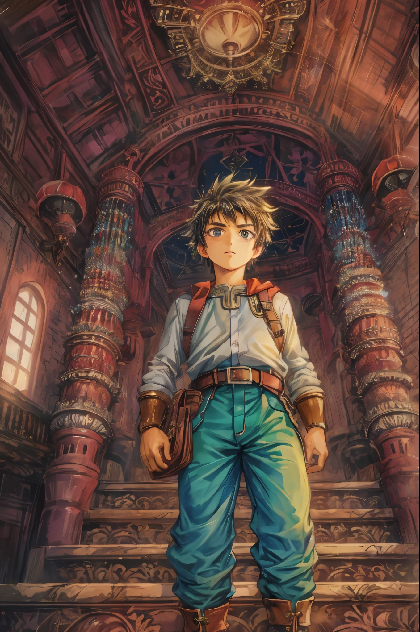 (absurdres, highres, ultra detailed, HDR), masterpiece, best quality, 1 boy , short hair, handsome face, anime eyes, character from dragon quest, (handsome(from below:1.1)) detailed interior, detailed scenery 