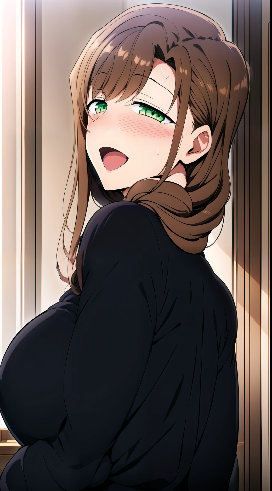 master piece, 1girl, solo, scrunchie, braid, back, looking at viewer, blush, open mouth, huge breasts, happy, brown hair, black shirt, long sleeves, green eyes, upper body, sweat, looking back, indoors,   from behind, black shirt, detailed eyes, braid over shoulder. (best quality), 
