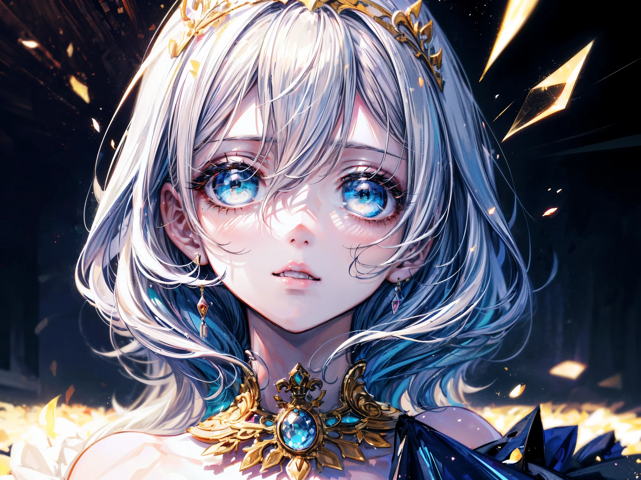 (Masterpiece:1.3),(Best quality:1.3),(High quality:1.3),(8K),(large-scale masterpiece Digital art),(Detailed manga illustrations),(Intricate details:1.3),(Ultra-detailed:1.3),(illustration:1.3),(Sharp focus:1.3),(Natural lighting:1.05),(Vivid colors:1.8),(Face lighting:1.1),(Well-lit face:1),(Perfect face:2),(Beautiful face:2),(Sultry eyes:1.4),(Beautiful eyes:2),Extremely detailed CG,detailed anime art,((perfect)) anatomy, Perfect hands,Extremely detailed face,Extremely detailed eyes,Extremely detailed body,extremely detailed finger,Dynamic hair,well edited photography,(((beautiful image))), a master piece of storytelling, An image of the inside of a golden luxury palace with white marble and golden furnishings, (a boy:1.2) wearing formal wear and delicate tiara, necklace, boy, shota, full set of accessories,crystal material,ribbons, filigree,Rococo style clothing,cute anime boy in beautiful clothes,(flowing skirt: 1.5),(clothing in (blue) and white),Off-the-shoulder top,extra long hair,Off-the-shoulder white top,Round young face,necklace,Big clear eyes,Long eyelashes,Slim waist,Lightweight Makeup,Neat teeth, A slight smile,((at dark night:1.5)),starry sky, galaxy,aurora,castle,palace,marble,moonlight illuminating the castle,(Extremely detailed background:1.5),(Full body:1.7),model shoot style,extremely tense and dramatic pictures,the colorful lighting, dazzle,interior lighting,((Cinematic light)), (ray-traced reflection, Glow),Volumetric light,atmospheric lighting,(Natural lighting:1.3),model shoot style,diagonal composition,