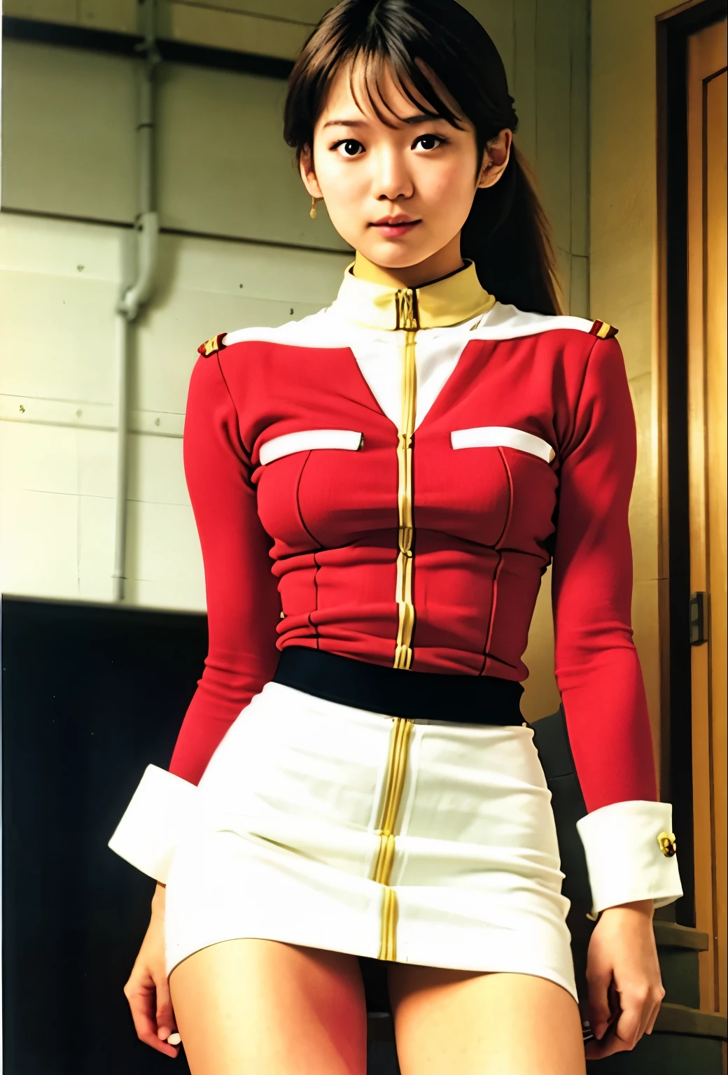 real photos、Highest imYear quality、Beautiful woman、beautiful thighs、beautiful face、real imYear、federal army uniform miniskirt、ponytail、Yuriko Yoshitaka、16Year日本人女性、Mrs. Bowe、pretty girl、white pantiesが丸見え、1６Year、（white panties:1.3）、super mini skirt、beautiful thighs、white panties、赤いミニスカートがめくれてwhite pantiesが見えてる