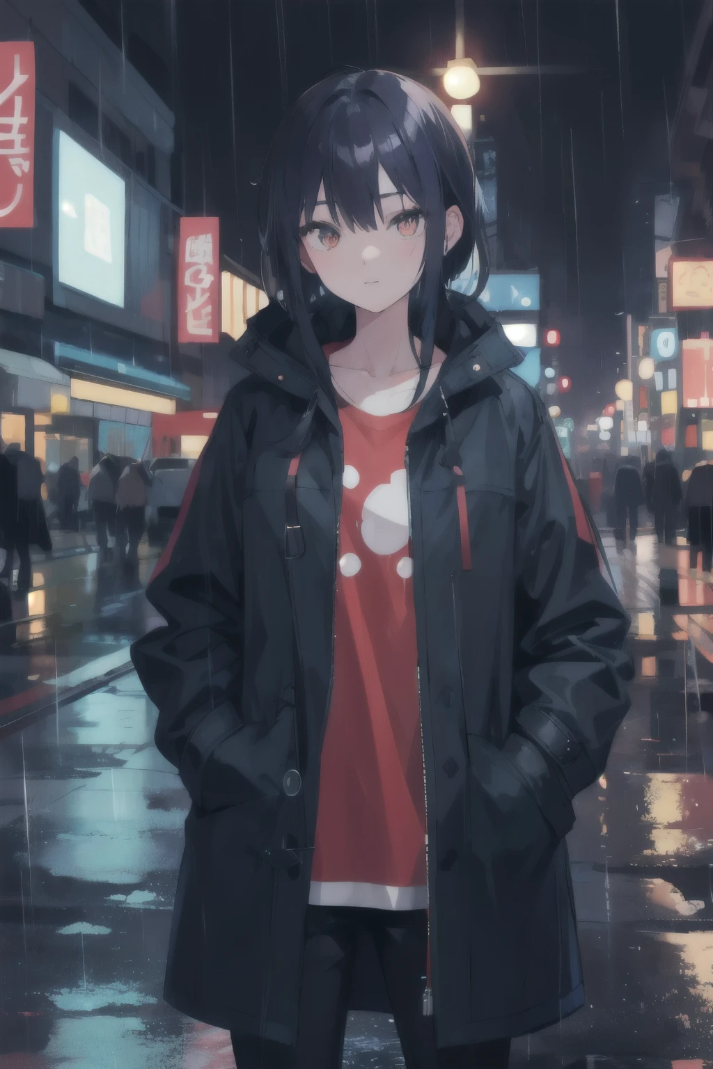 1girl,night city,rain,coat,hands in pockets