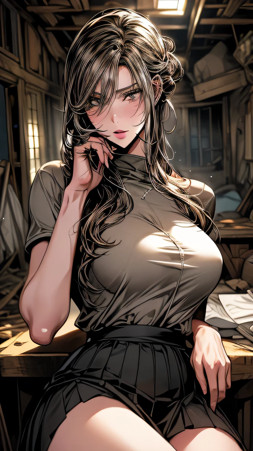 art future anime. bird'perspective, Dirty woman sitting on a chair in a dilapidated house, wet messy hair above the eyes, Detailed bodycon shirt and short pleated skirt. big ship, close-up landscape, hurt. written by hand, cinematic lighting, very detailed. white, Brown, red. perfect composition, masterpiece, highest quality, 4k, sharp focus. perfect anatomy.(((whiteいマイクロミニランジェリーセット)))